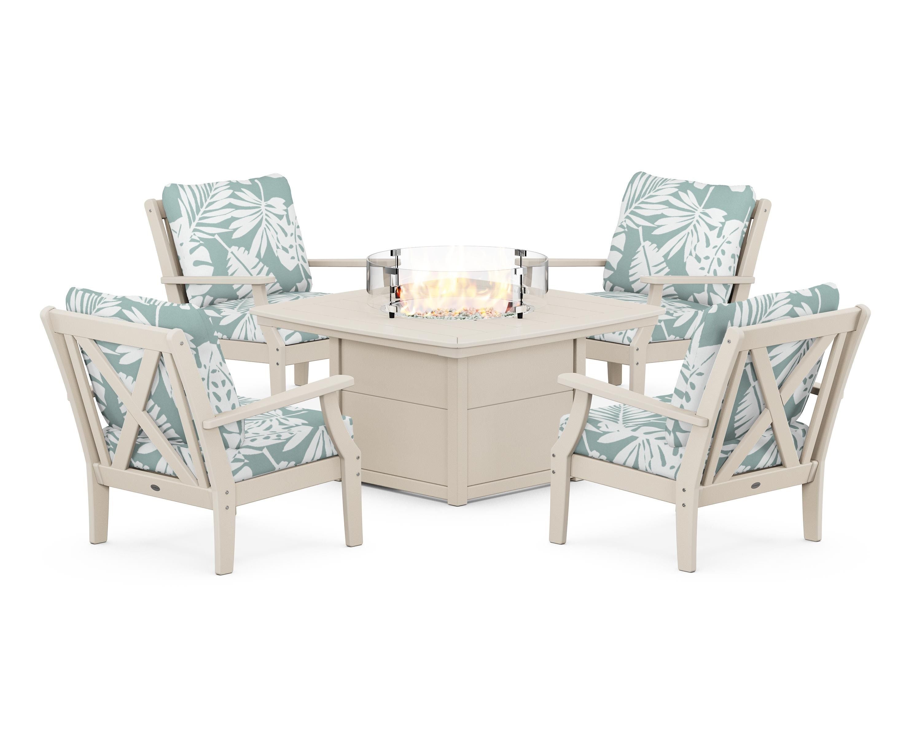 POLYWOOD Braxton 5-Piece Deep Seating Conversation Set with Fire Pit Table in Sand / Leaf Glacier Spa