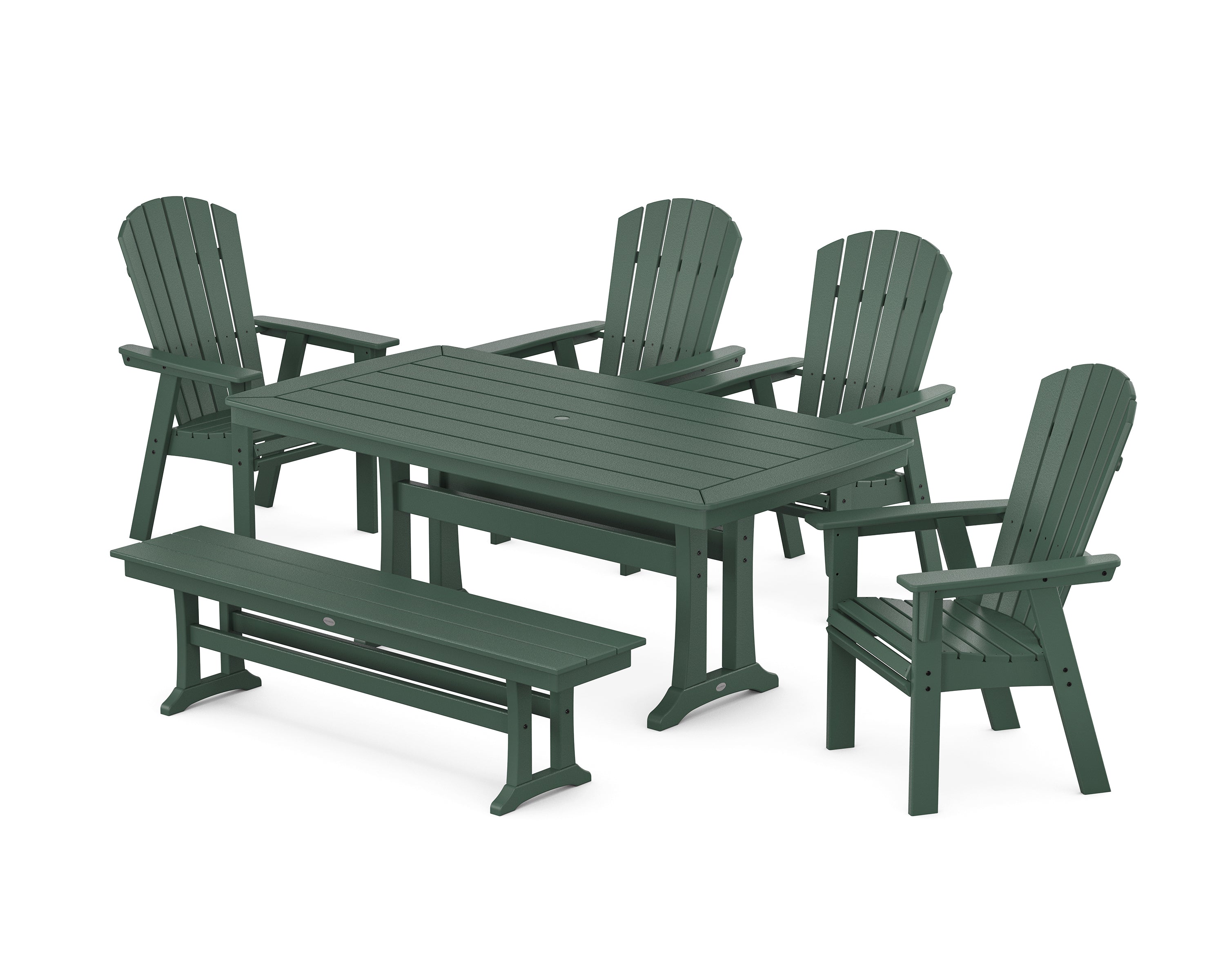 POLYWOOD Nautical Curveback Adirondack 6-Piece Dining Set with Trestle Legs and Bench in Green