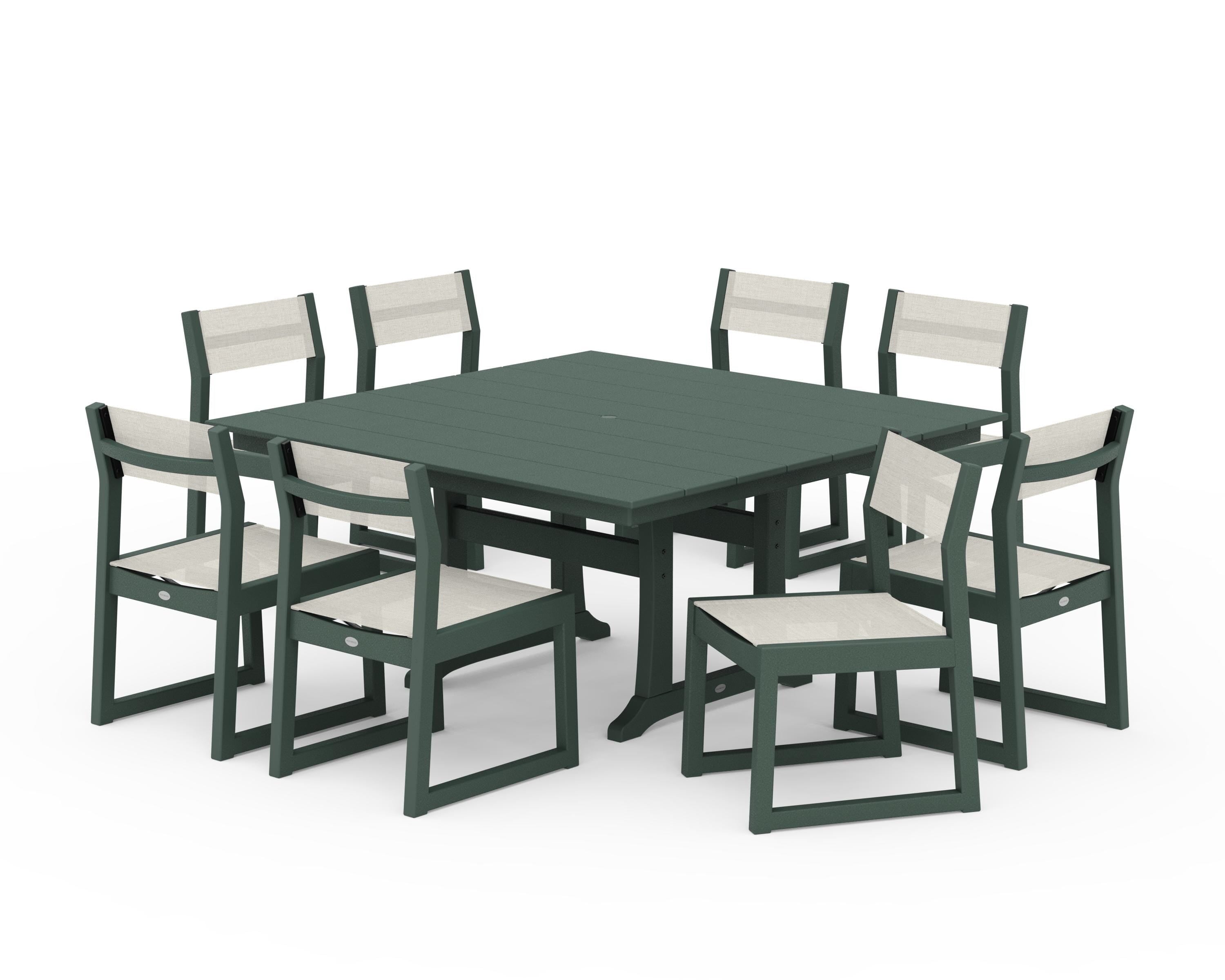POLYWOOD EDGE Sling Side Chair 9-Piece Farmhouse Trestle Dining Set in Green / Parchment Sling