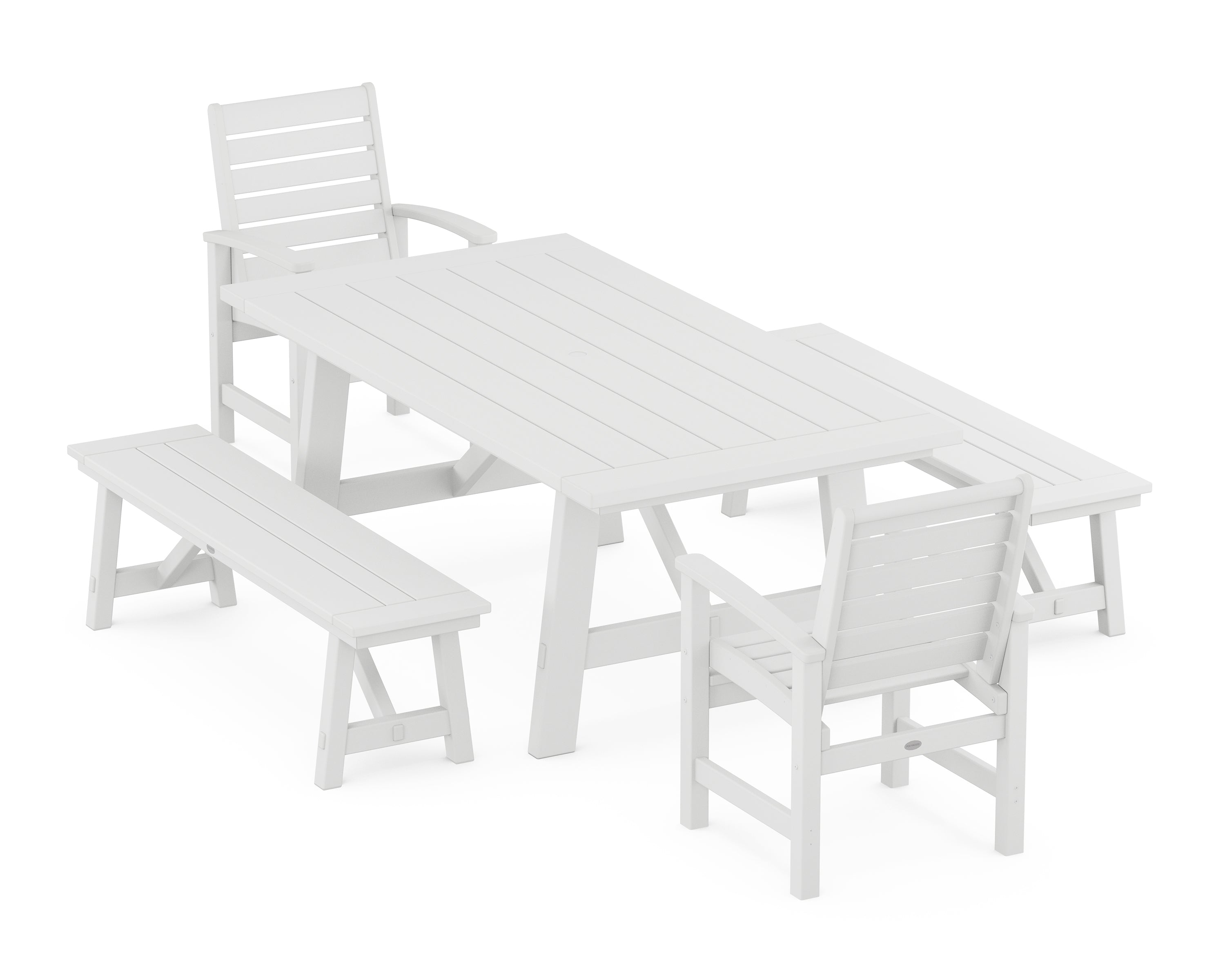 POLYWOOD® Signature 5-Piece Rustic Farmhouse Dining Set With Benches in White