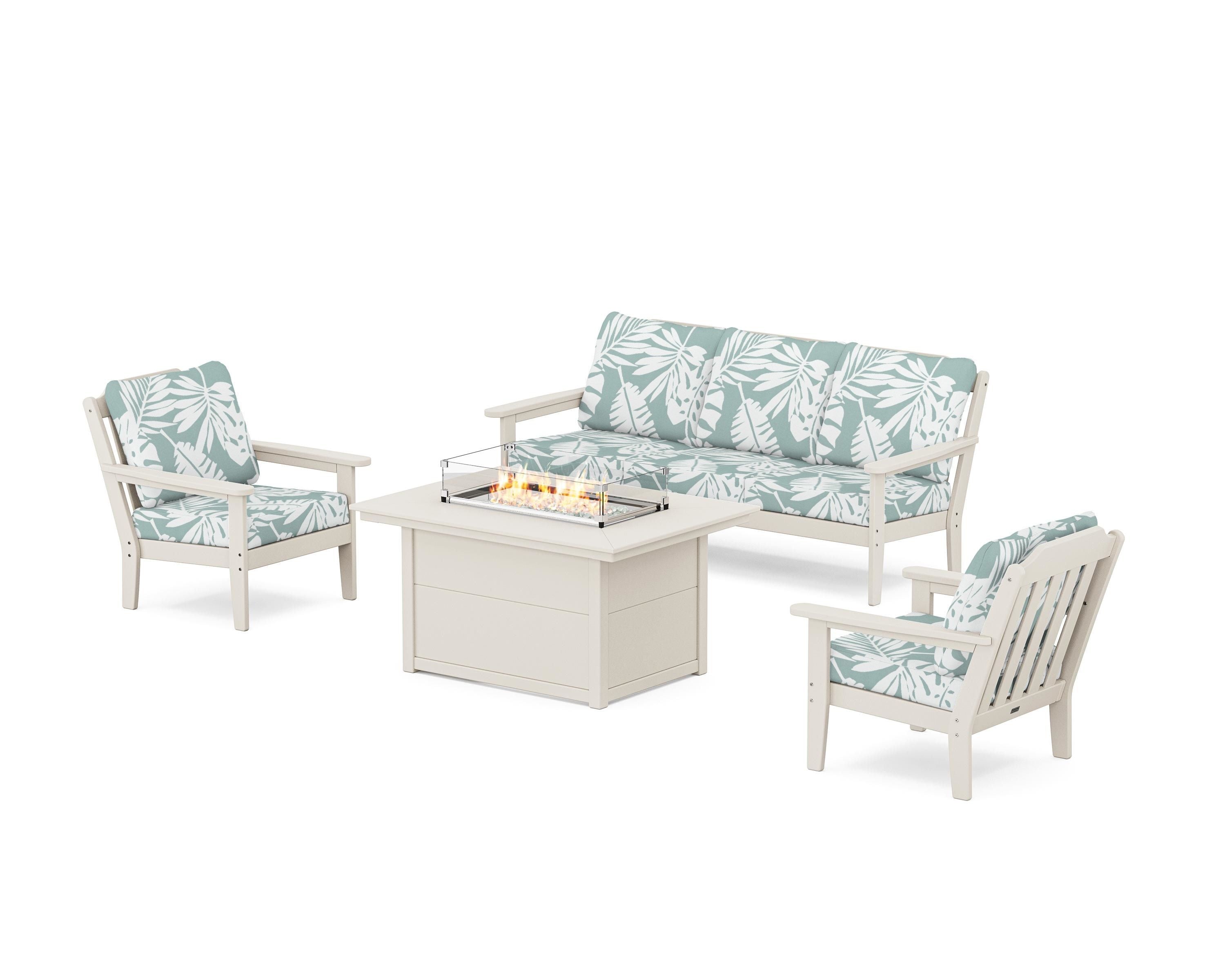 Country Living Cottage Deep Seating Fire Pit Table Set in Sand / Leaf Glacier Spa