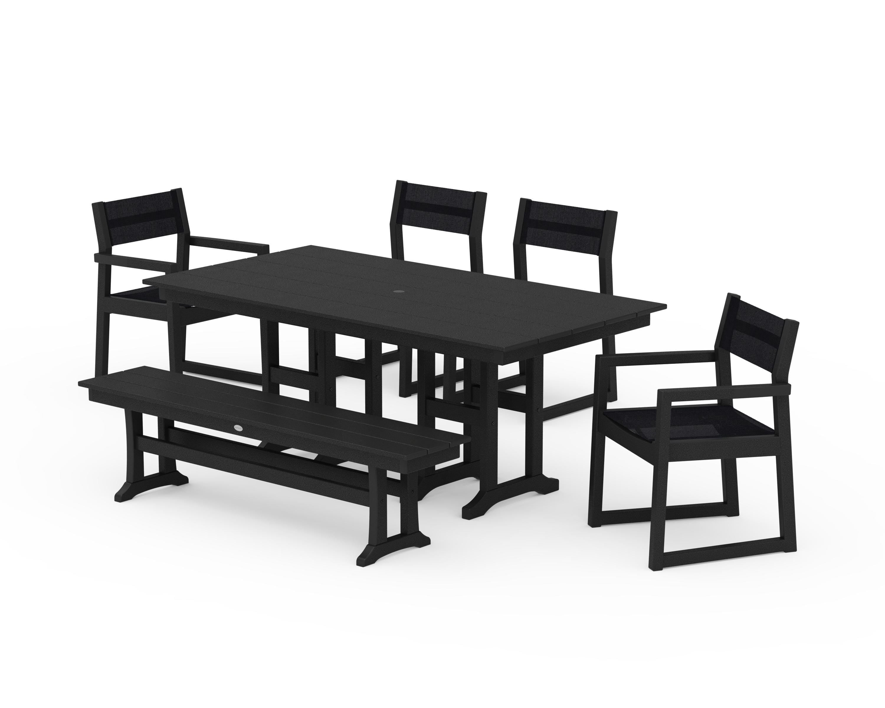POLYWOOD EDGE Sling 6-Piece Farmhouse Dining Set in Black / Black Sling