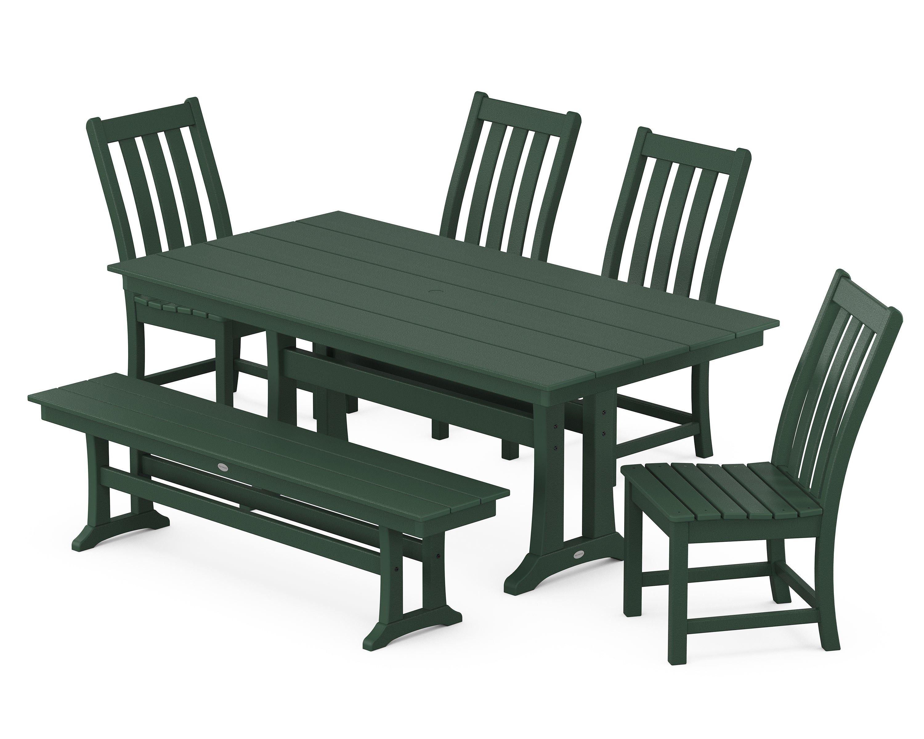 POLYWOOD® Vineyard Side Chair 6-Piece Farmhouse Dining Set with Trestle Legs and Bench in Green