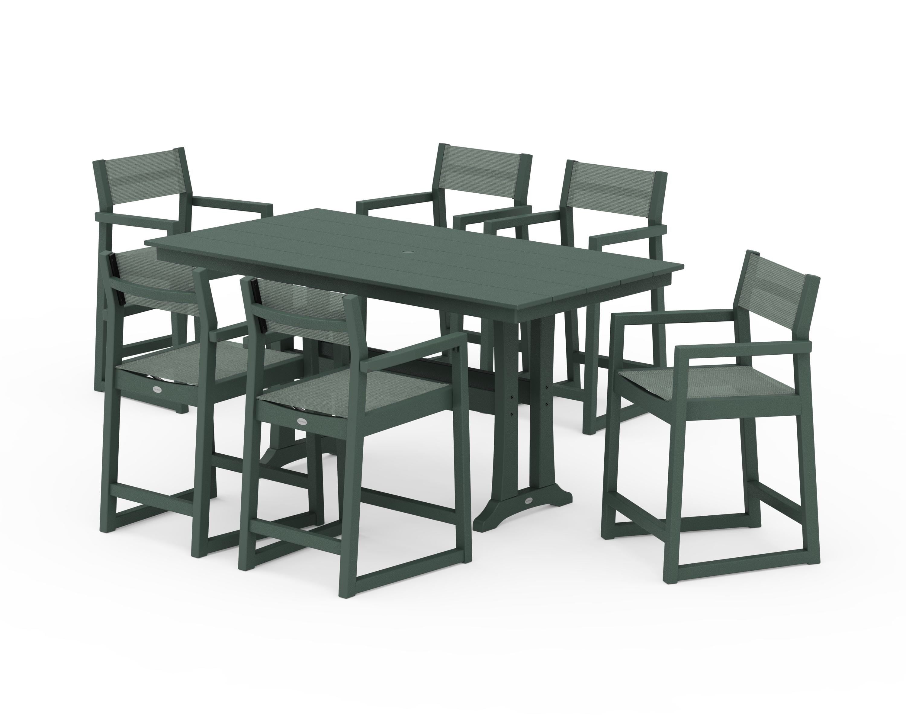 POLYWOOD EDGE Sling Arm Chair 7-Piece Farmhouse Counter Set with Trestle Legs in Green / Dupioni Sea Mist Sling