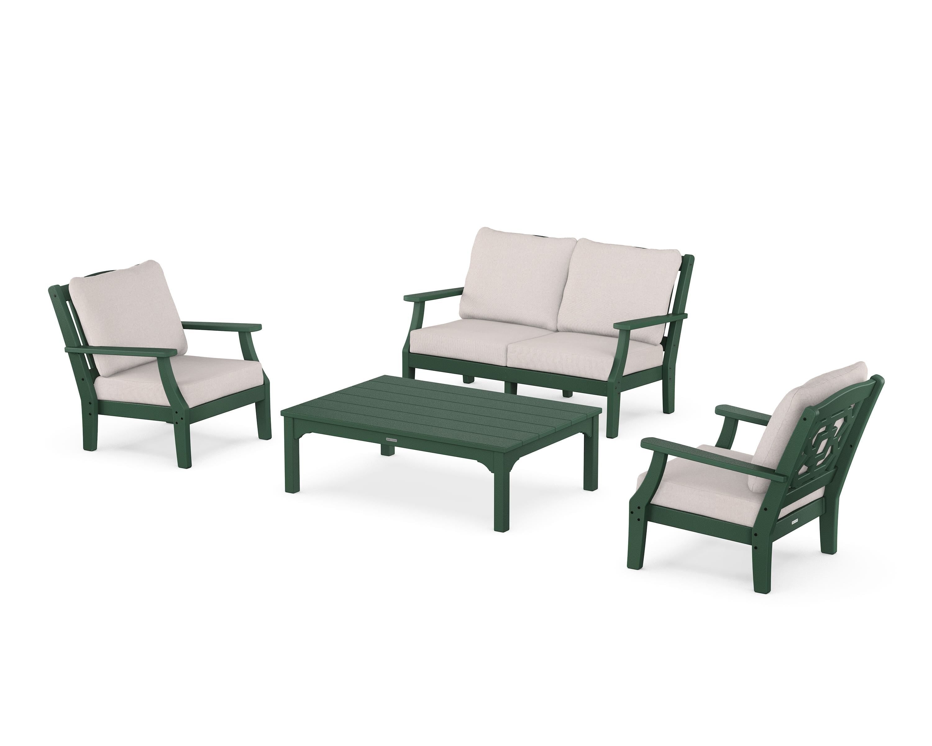 Martha Stewart by POLYWOOD Chinoiserie 4-Piece Deep Seating Set with Loveseat in Green / Dune Burlap