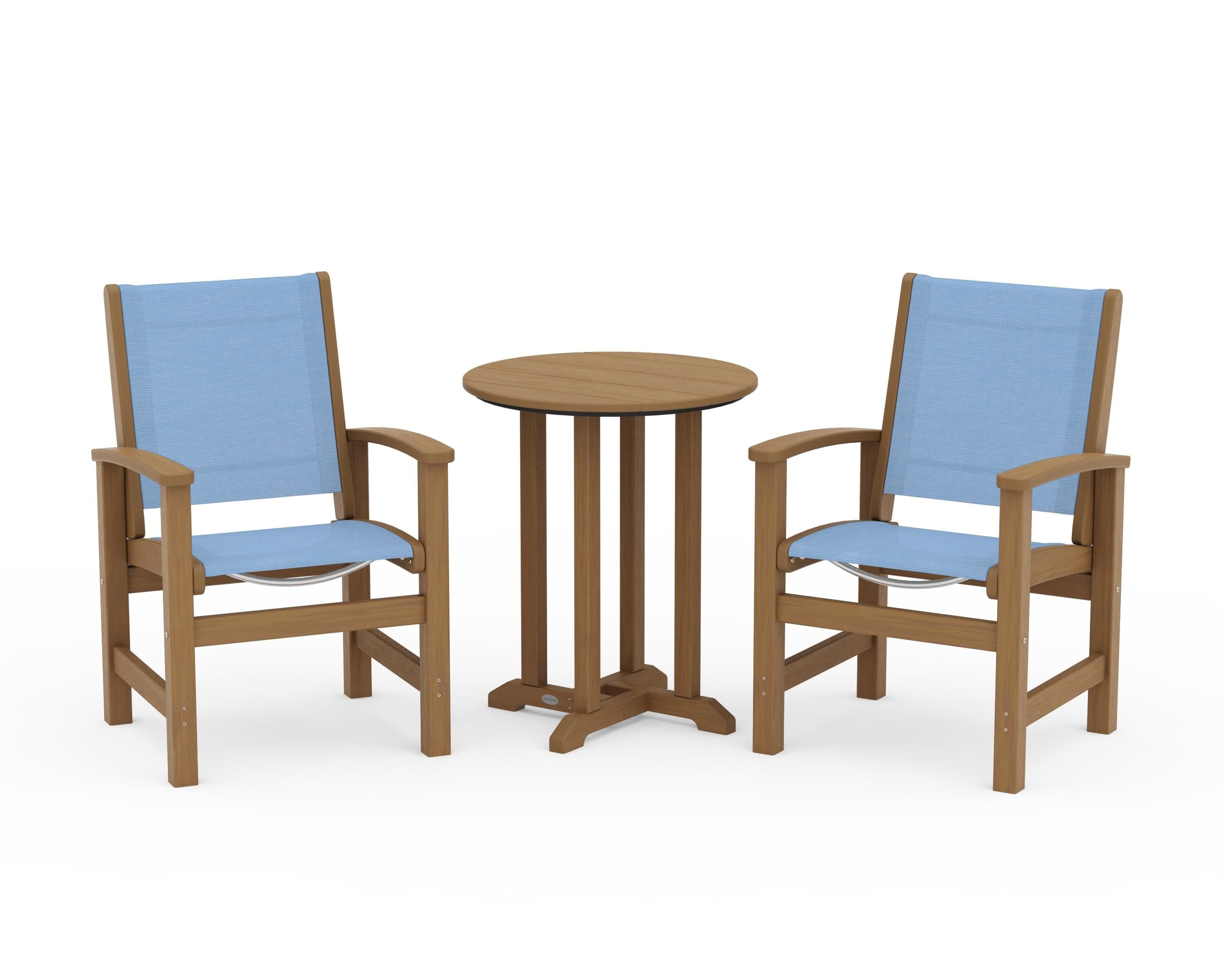 POLYWOOD Coastal 3-Piece Round Bistro Dining Set in Natural / Poolside Sling