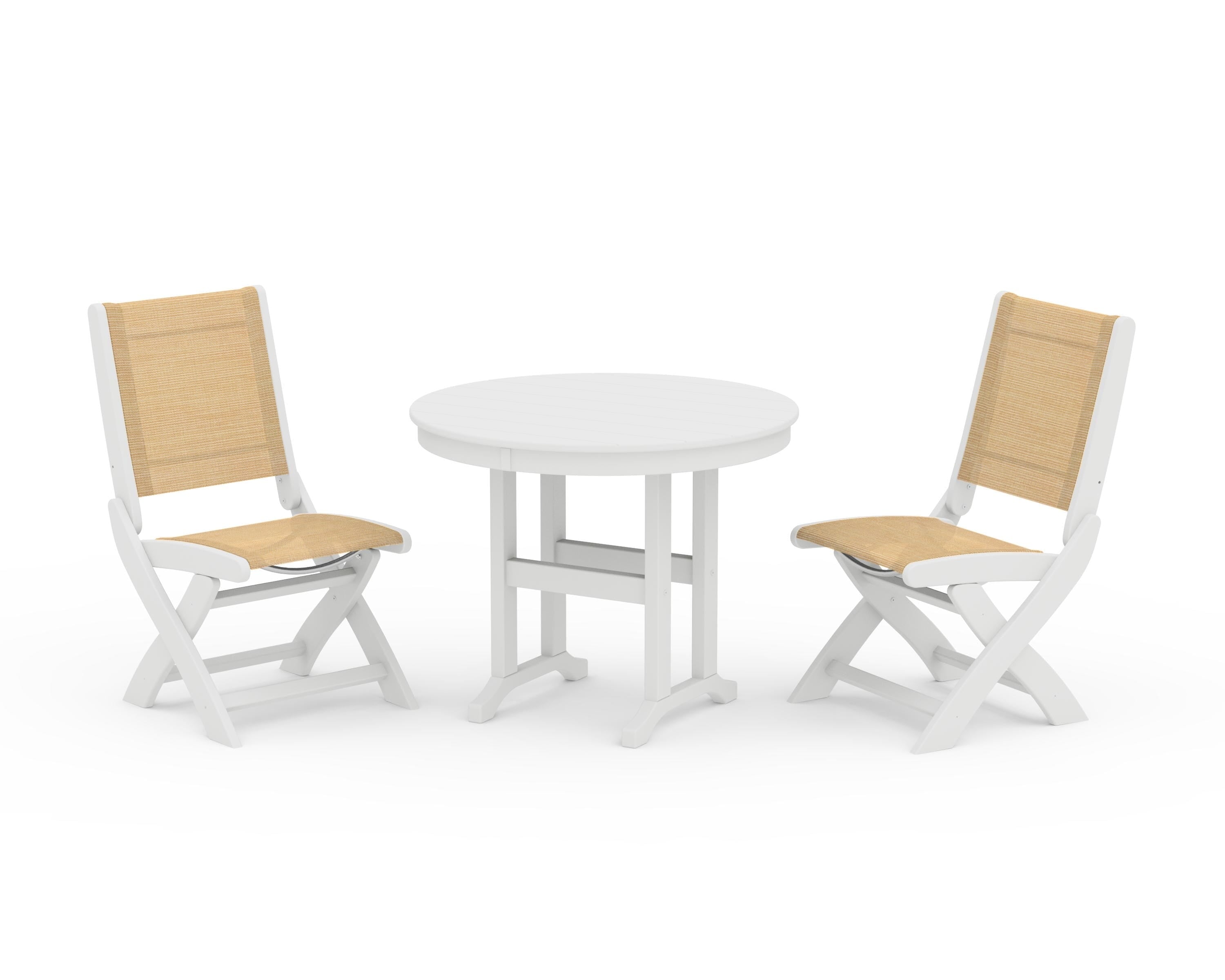POLYWOOD Coastal Folding Side Chair 3-Piece Round Dining Set in White / Dupioni Apricot Sling