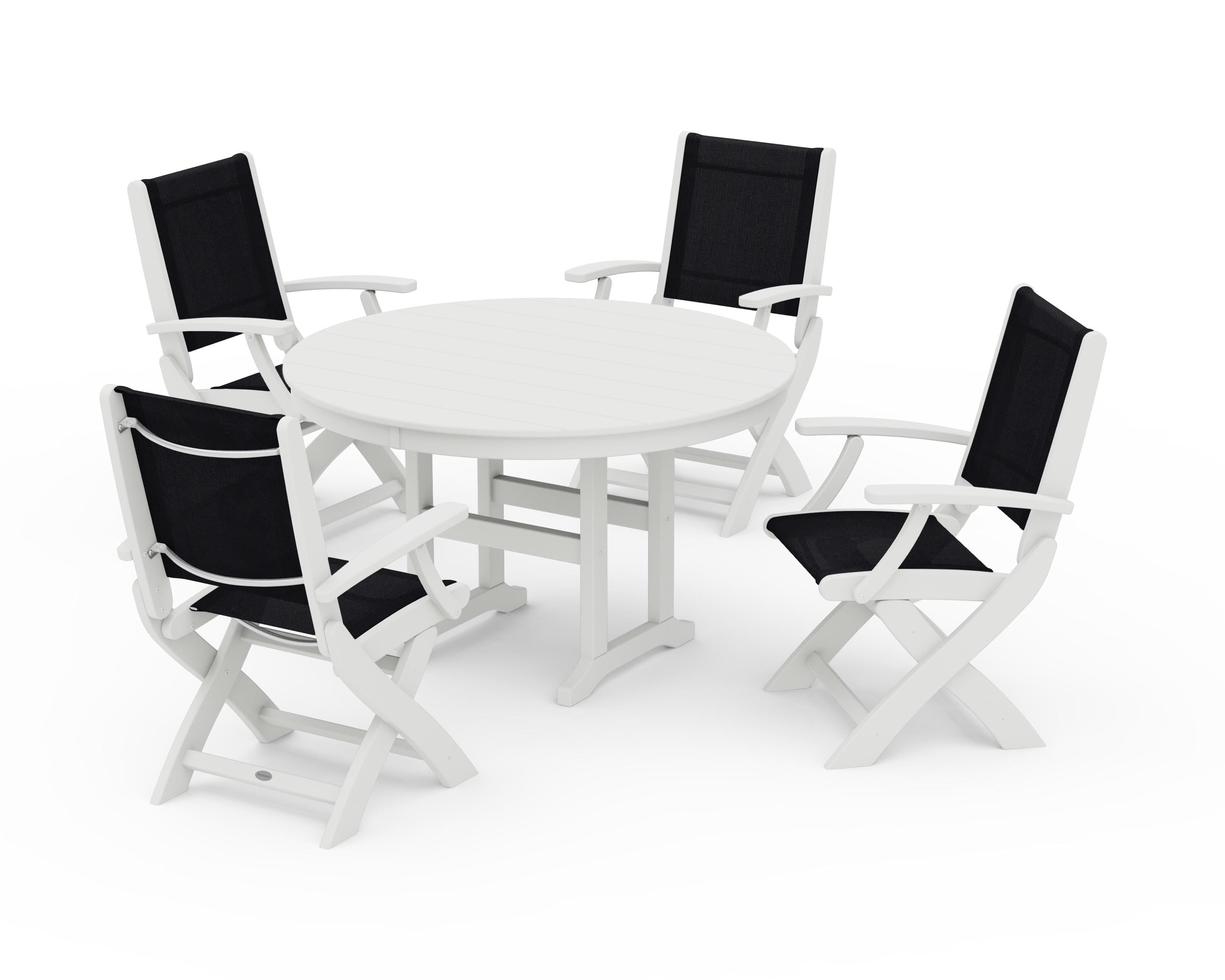 POLYWOOD Coastal Folding Chair 5-Piece Round Dining Set in Vintage White / Black Sling