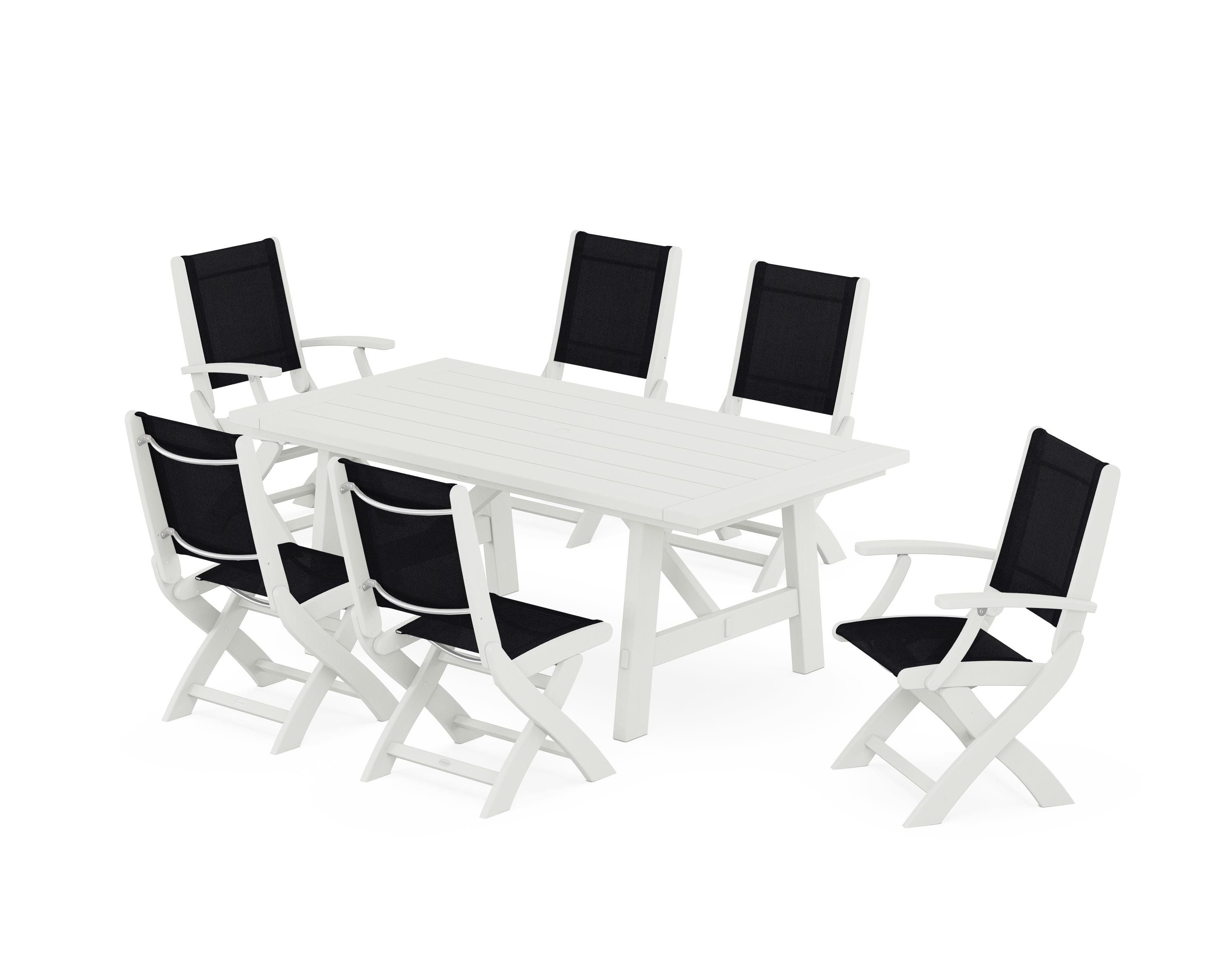 POLYWOOD Coastal Folding Chair 7-Piece Rustic Farmhouse Dining Set in Vintage White / Black Sling