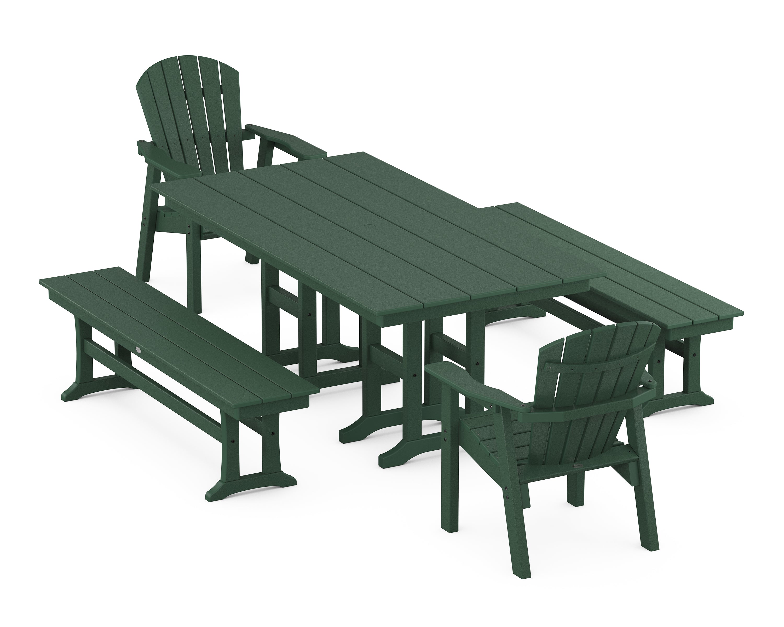 POLYWOOD® Seashell 5-Piece Farmhouse Dining Set with Benches in Green