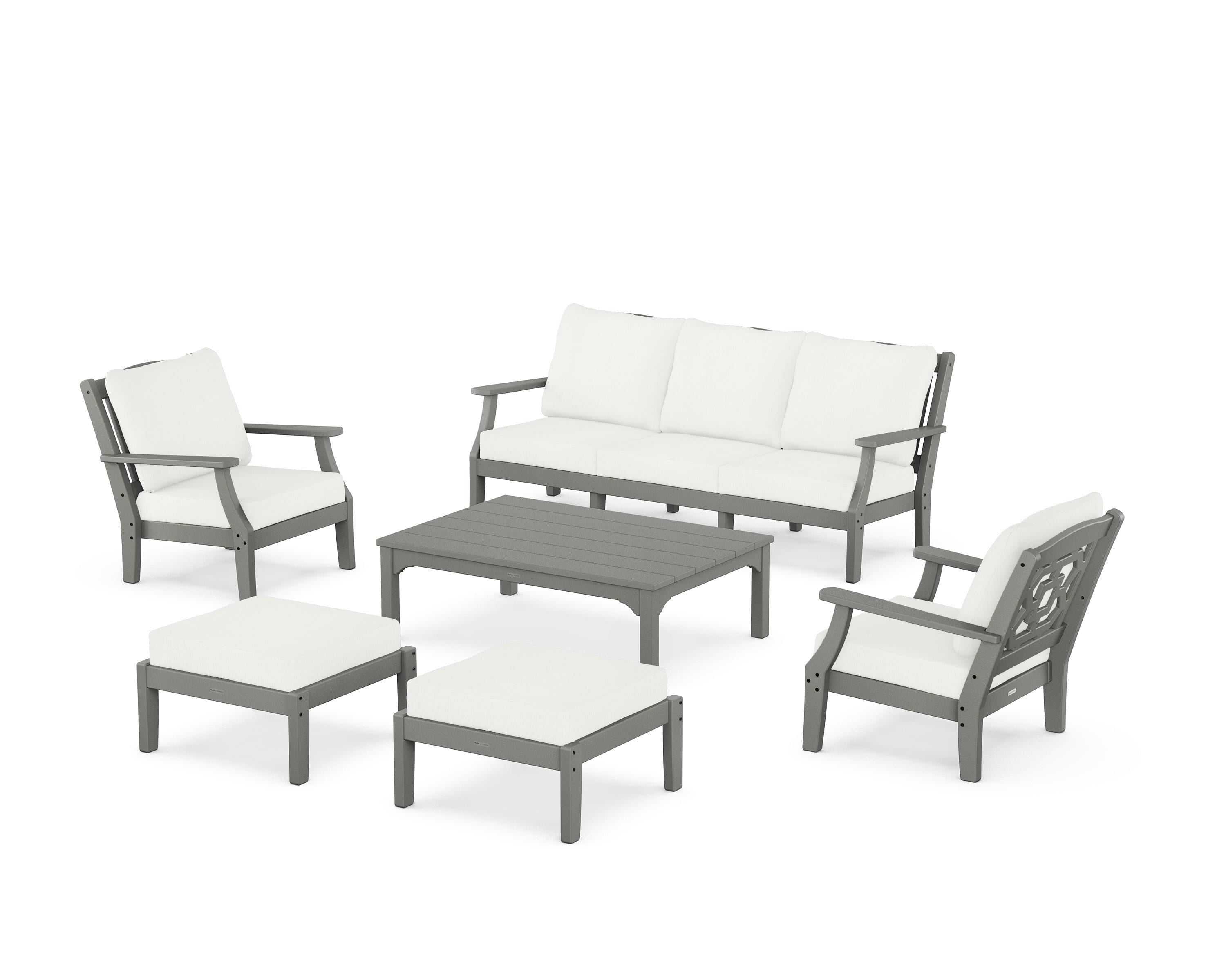 Martha Stewart by POLYWOOD Chinoiserie 6-Piece Lounge Sofa Set in Slate Grey / Natural Linen