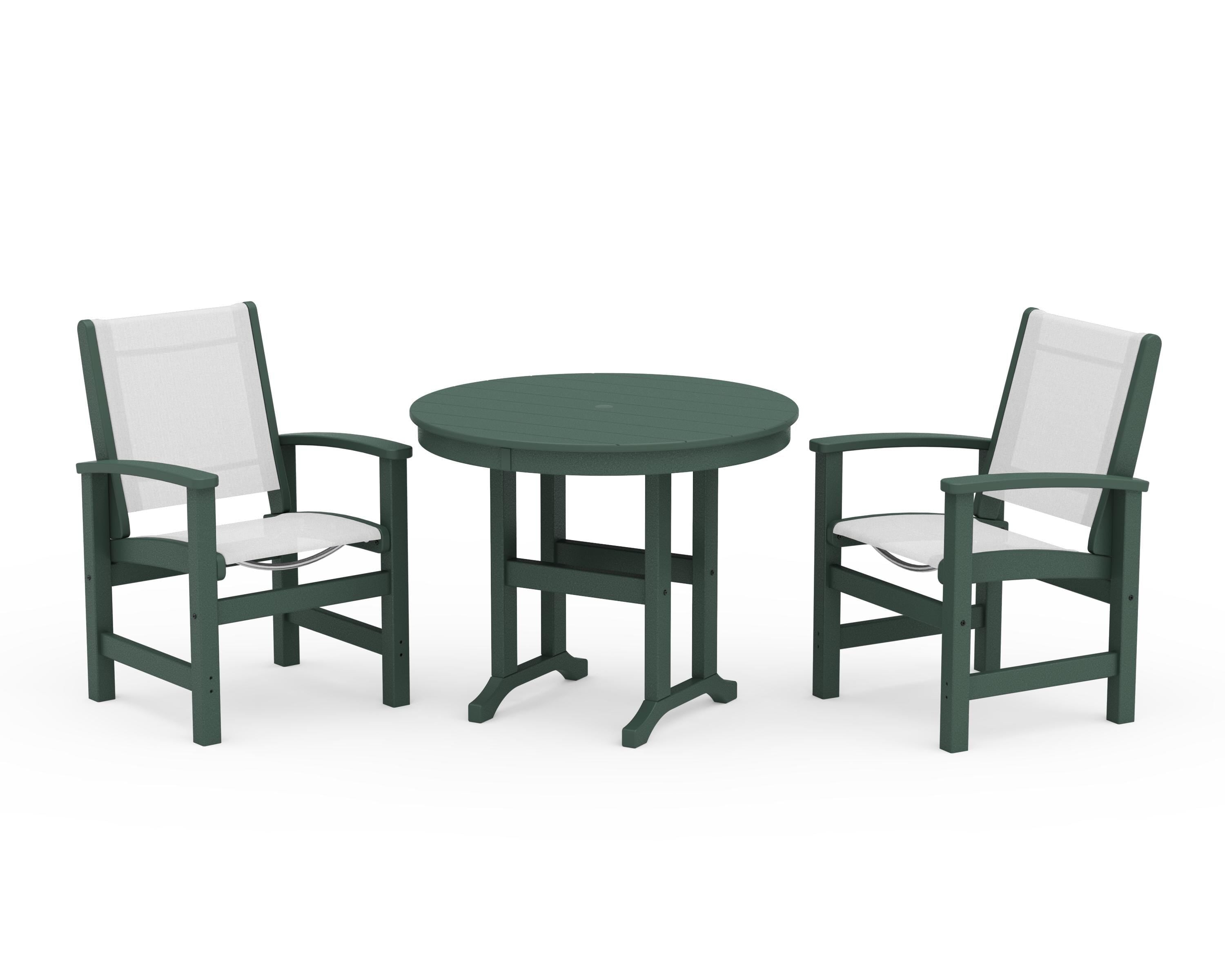 POLYWOOD Coastal 3-Piece Round Dining Set in Green / White Sling
