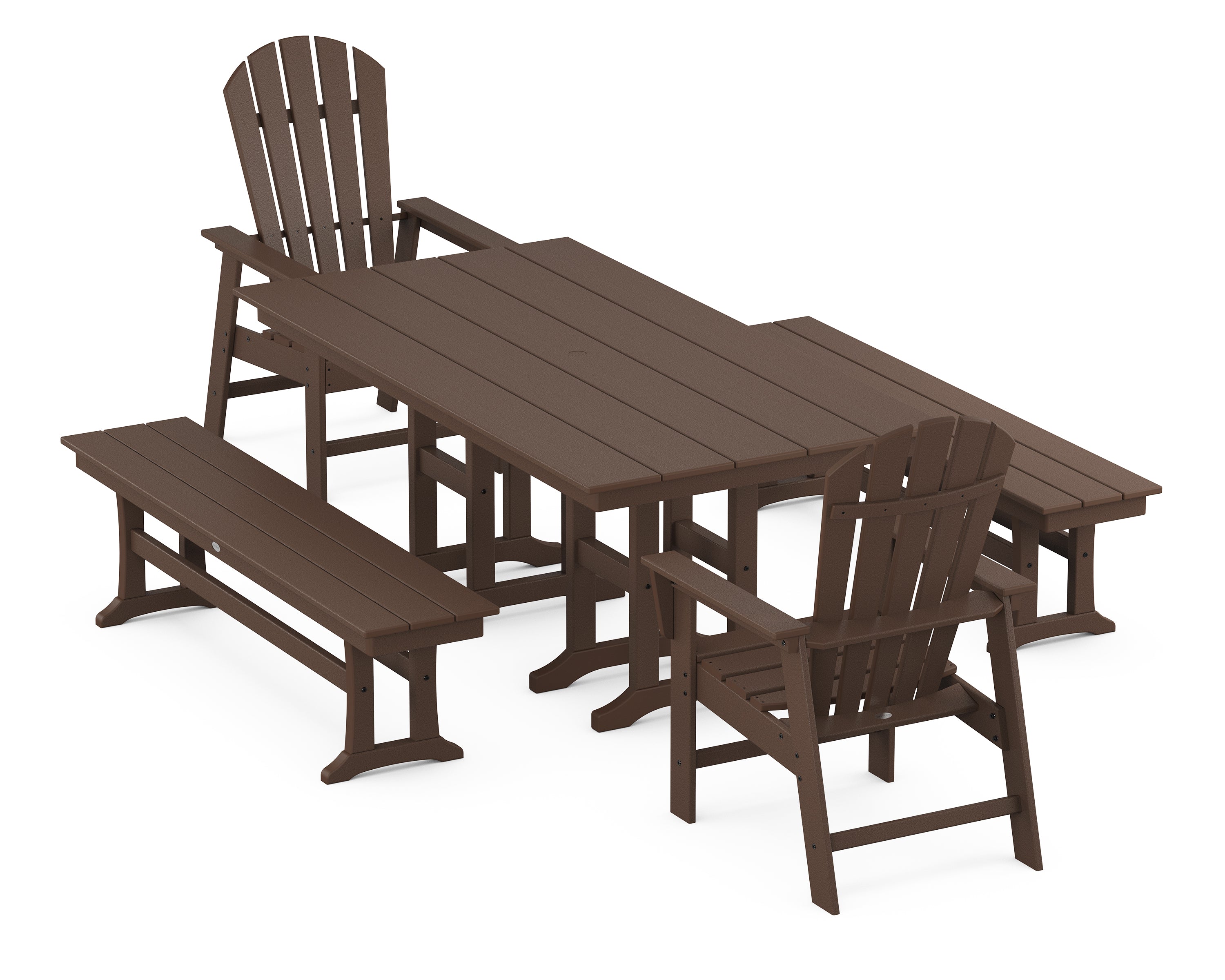 POLYWOOD® South Beach 5-Piece Farmhouse Dining Set with Benches in Mahogany