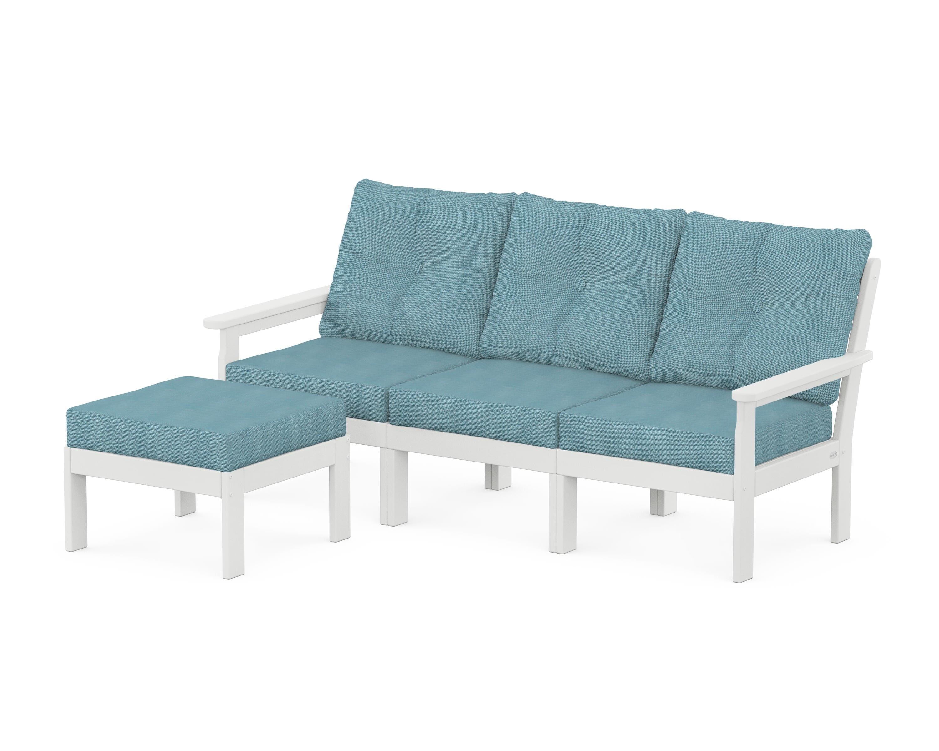 POLYWOOD Vineyard 4-Piece Sectional with Ottoman in White / Lattice Sky Blue