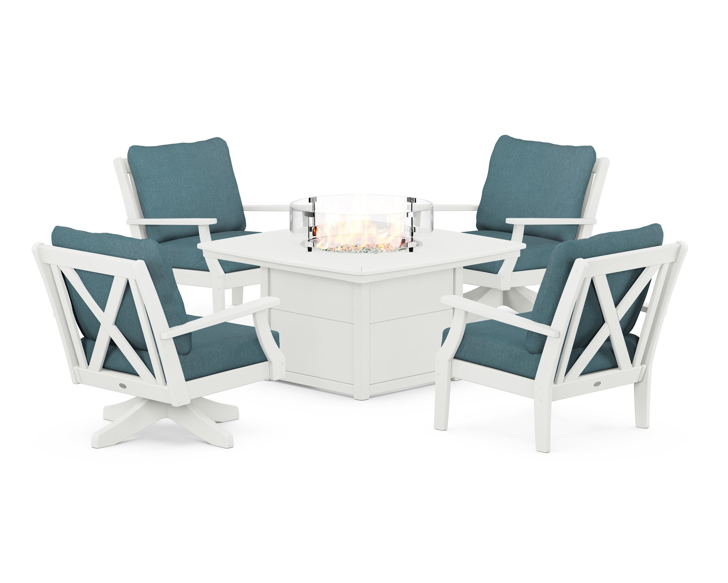 POLYWOOD Braxton 5-Piece Deep Seating Set with Fire Table in Vintage White / Ocean Teal
