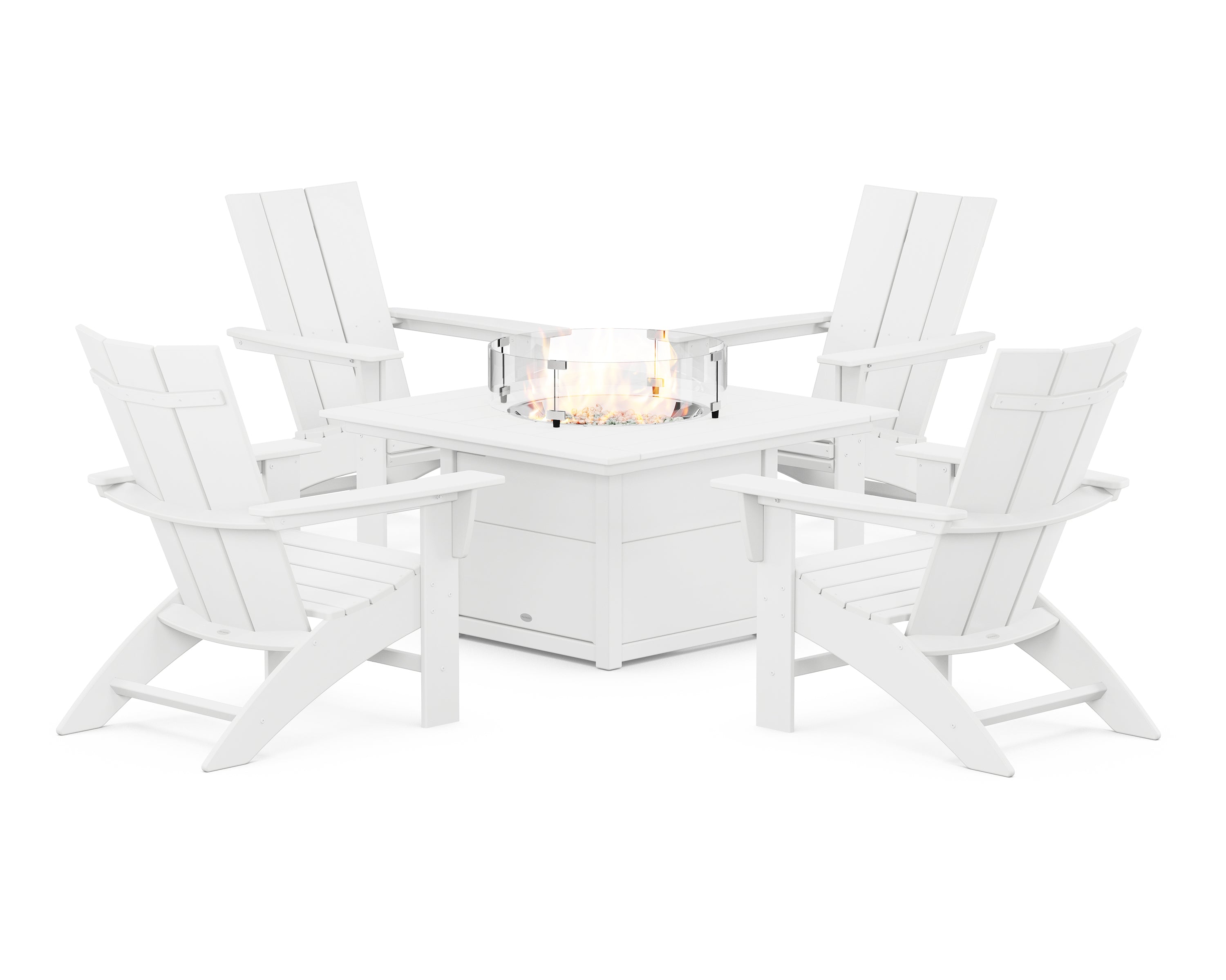 POLYWOOD® Modern Curveback Adirondack 5-Piece Conversation Set with Fire Pit Table in White