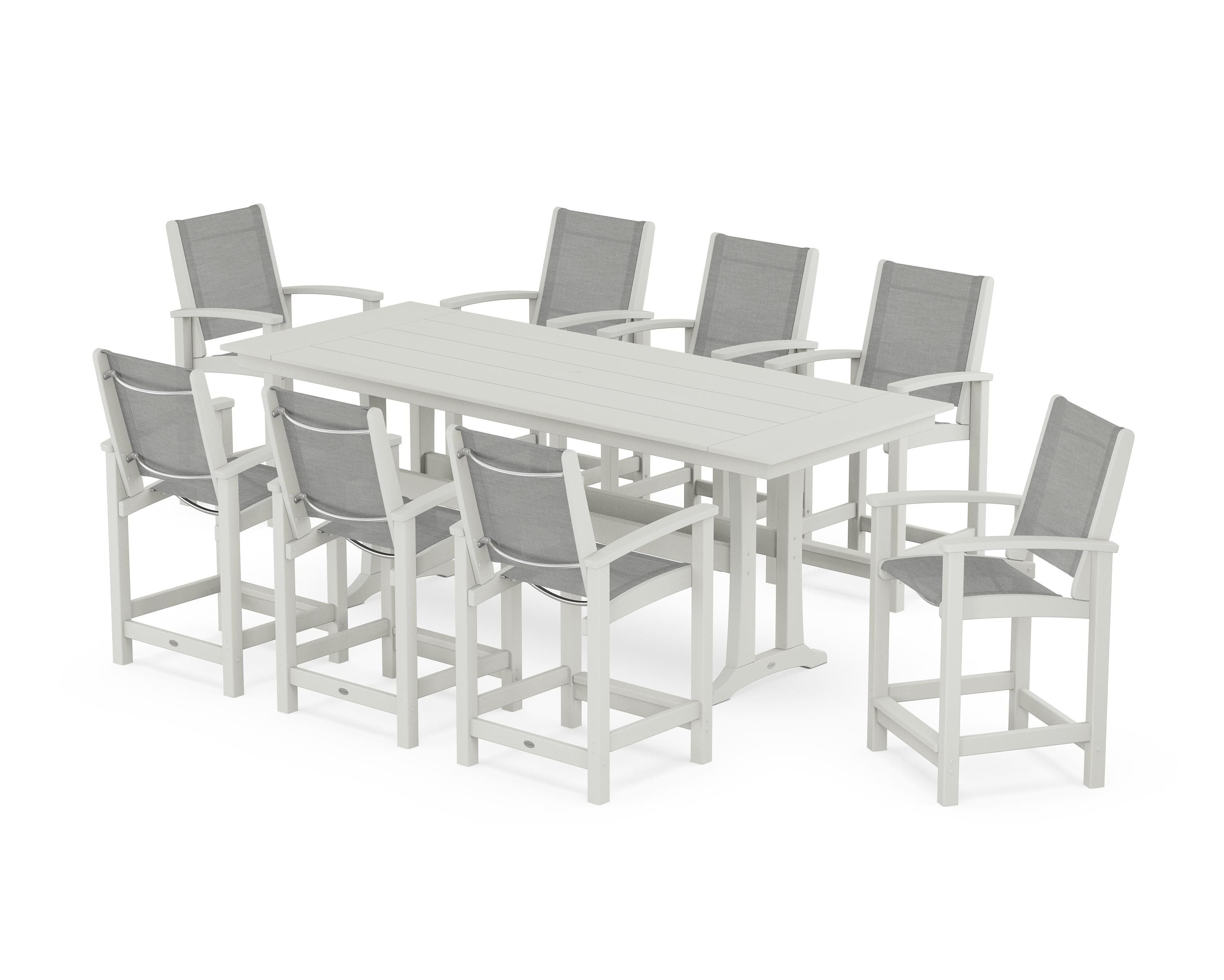 POLYWOOD Coastal 9-Piece Farmhouse Counter Set with Trestle Legs in Vintage White / Metallic Sling