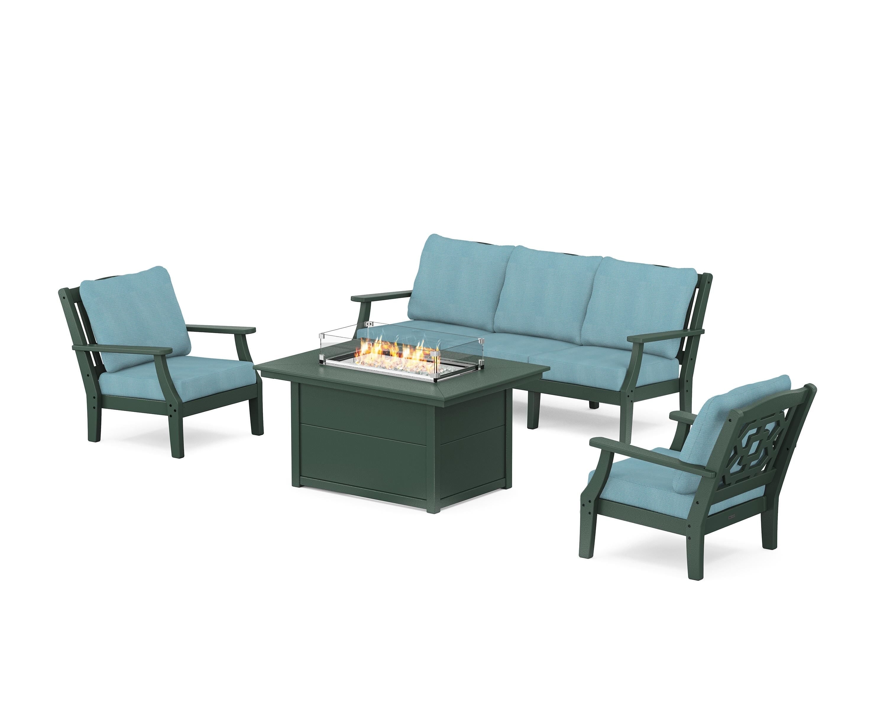 Martha Stewart by POLYWOOD Chinoiserie Deep Seating Fire Pit Table Set in Green / Lattice Sky Blue