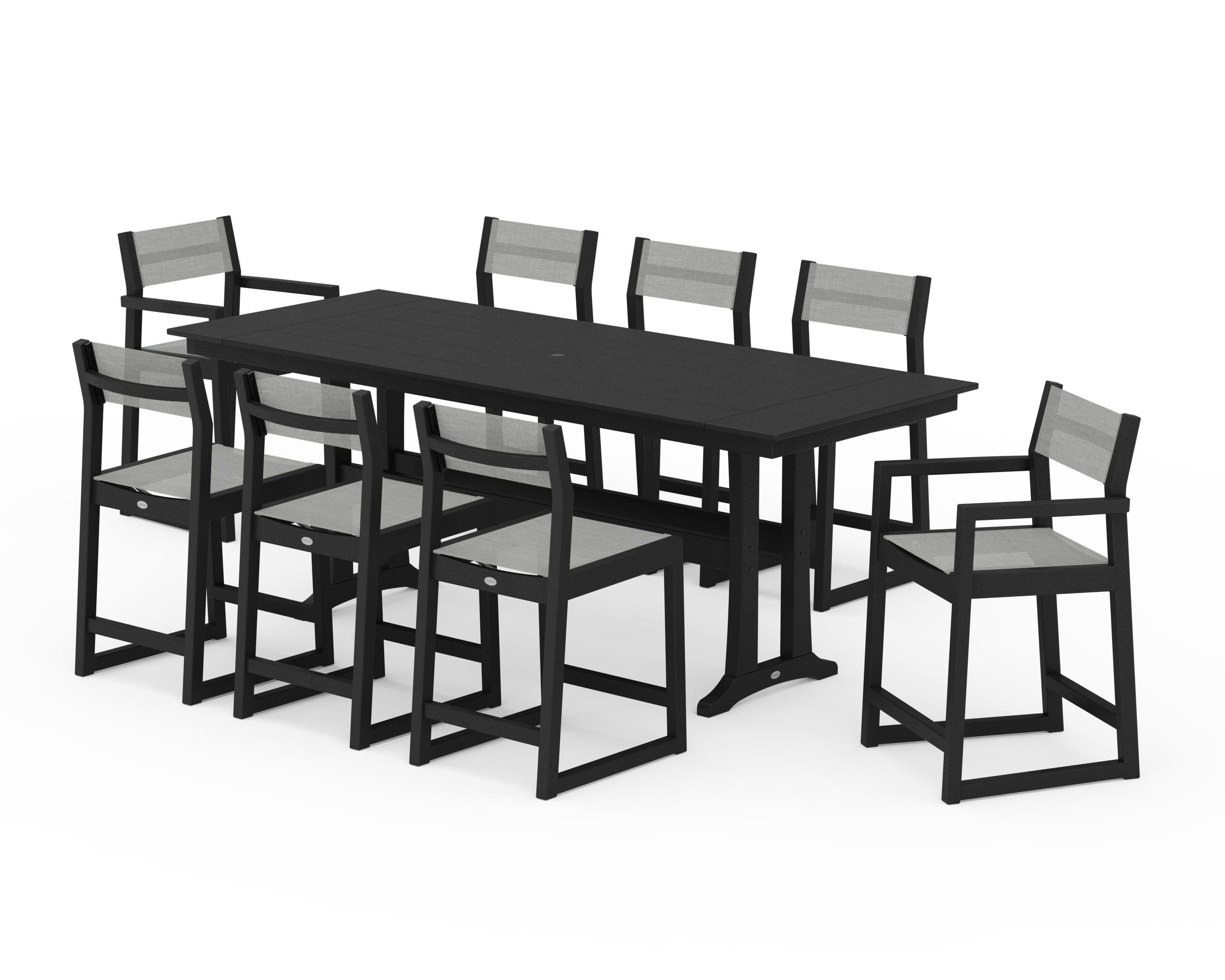 POLYWOOD EDGE Sling 9-Piece Farmhouse Counter Set with Trestle Legs in Black / Metallic Sling