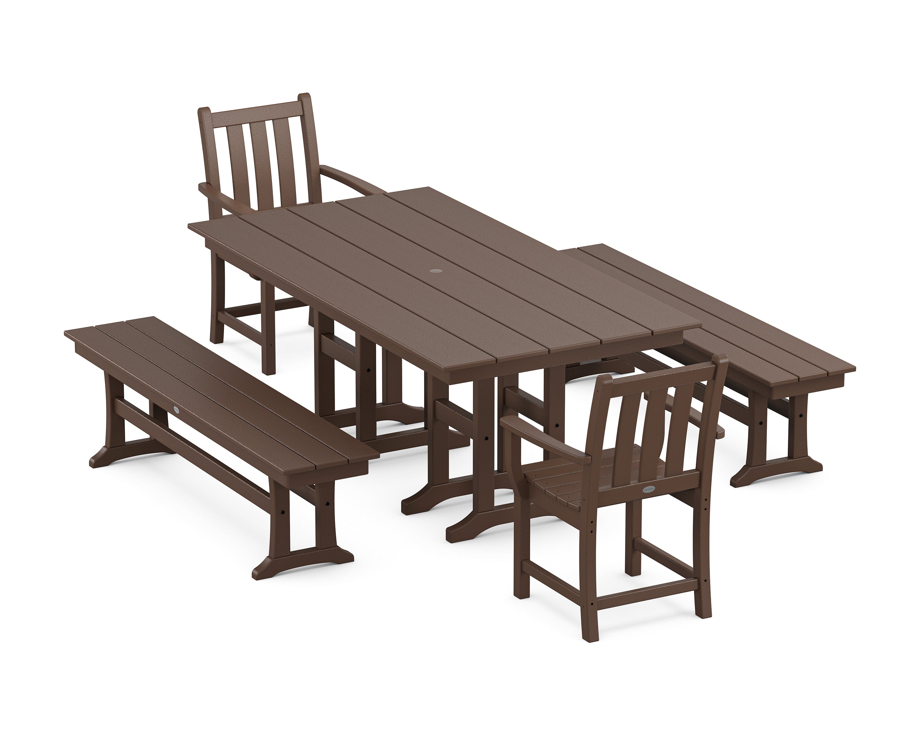 POLYWOOD® Traditional Garden 5-Piece Farmhouse Dining Set with Benches in Mahogany