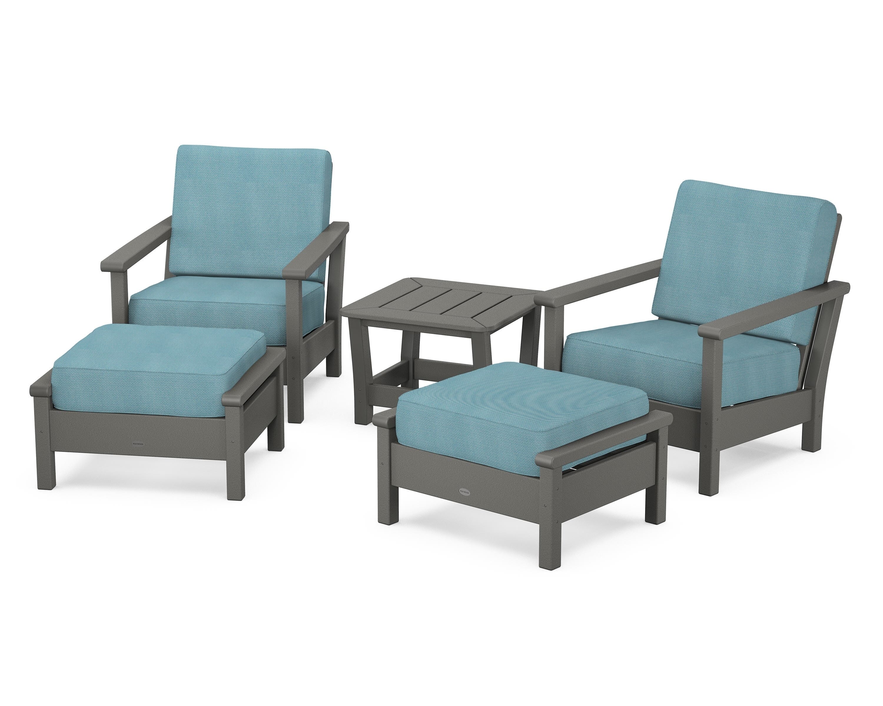 POLYWOOD Harbour 5-Piece Deep Seating Chair Set in Slate Grey / Lattice Sky Blue