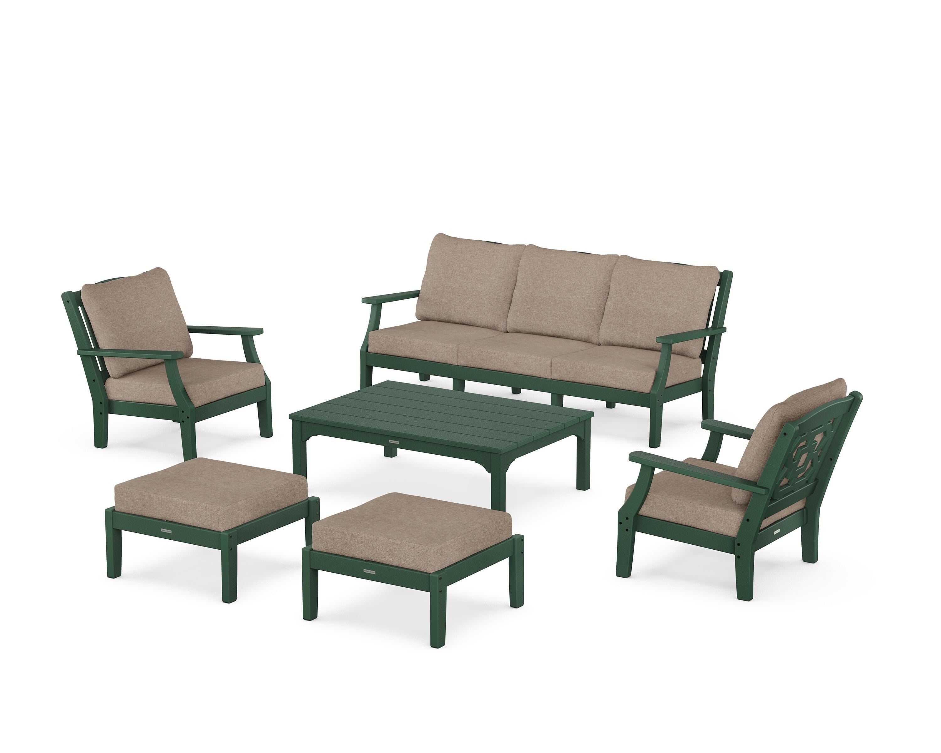 Martha Stewart by POLYWOOD Chinoiserie 6-Piece Lounge Sofa Set in Green / Spiced Burlap
