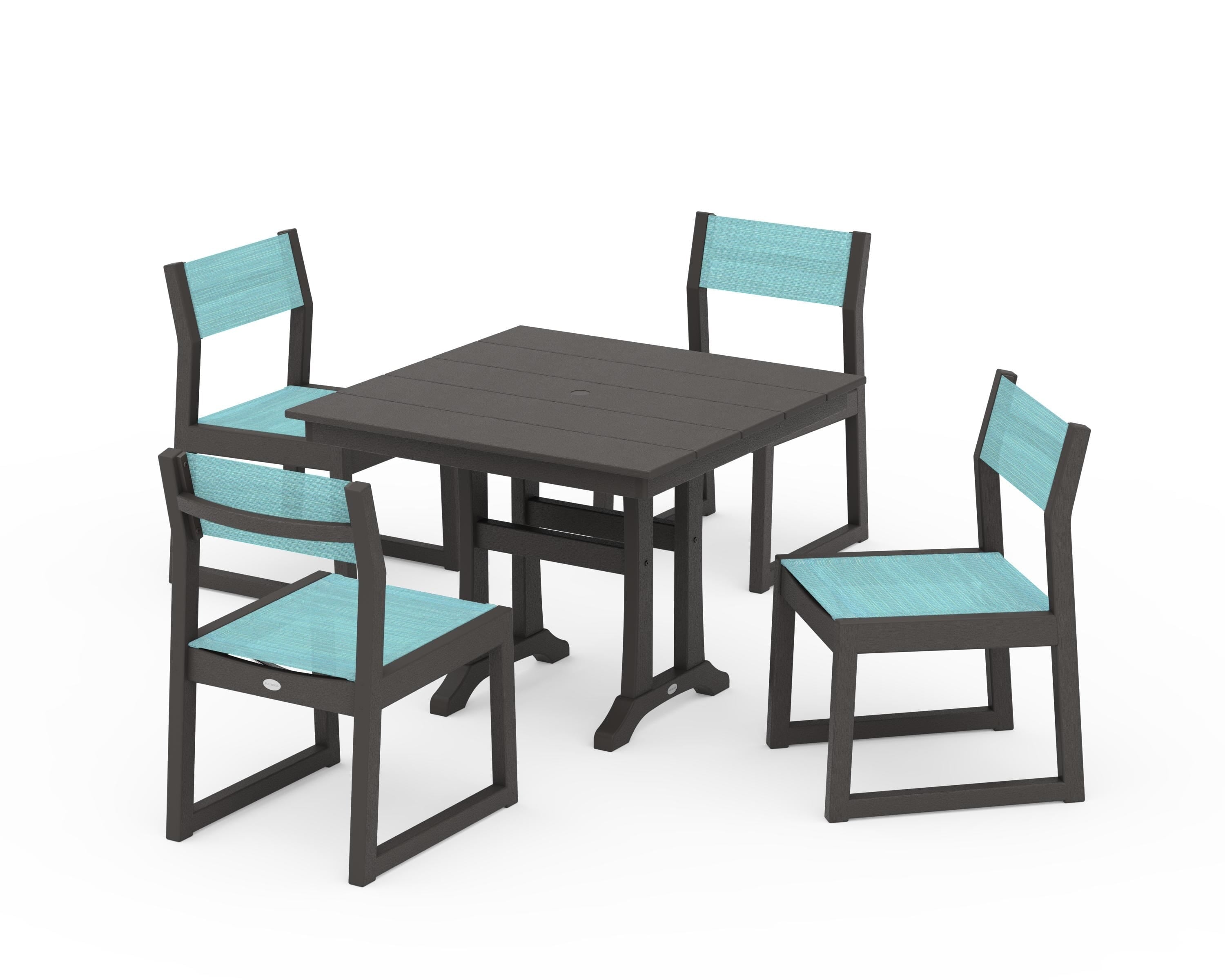 POLYWOOD EDGE Sling 5-Piece Farmhouse Trestle Side Chair Dining Set in Vintage Coffee / Dupioni Aquamarine Sling