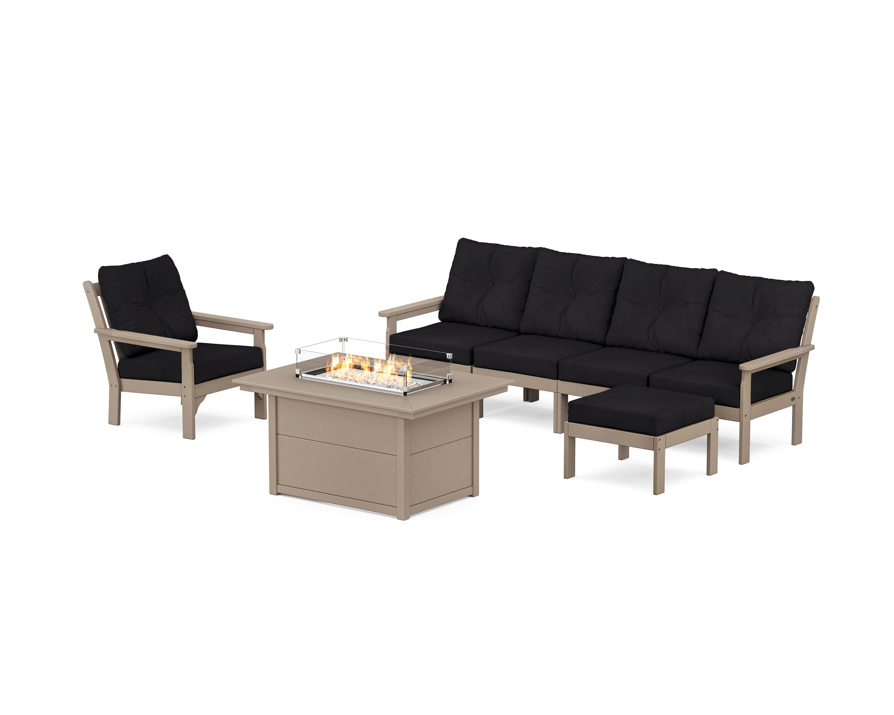 POLYWOOD Vineyard Sectional Lounge and Fire Pit Set in Vintage Sahara / Midnight Linen