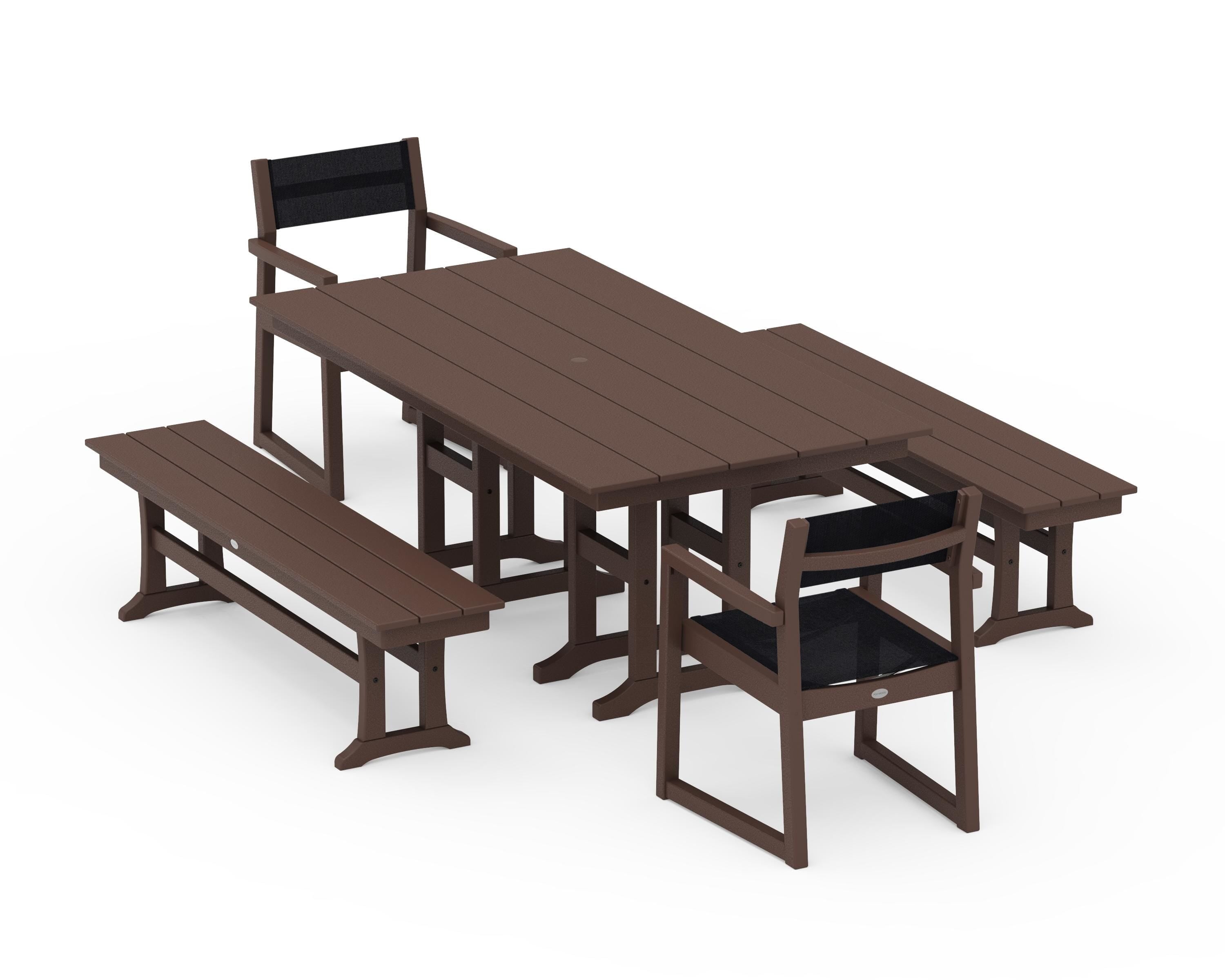 POLYWOOD EDGE Sling Arm Chair 5-Piece Farmhouse Dining Set with Benches in Mahogany / Black Sling