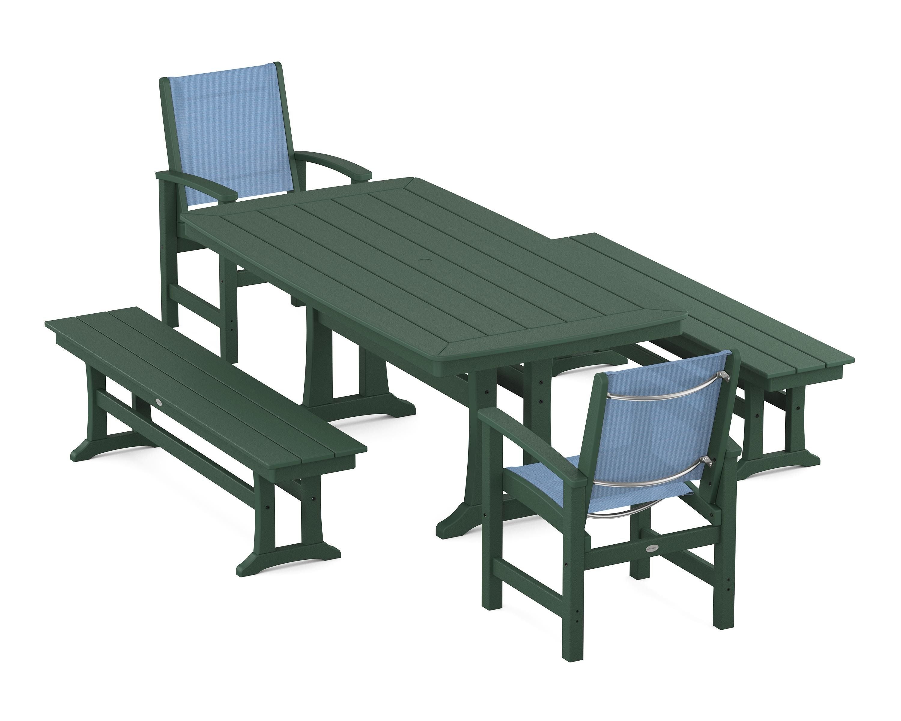 POLYWOOD Coastal 5-Piece Dining Set with Trestle Legs and Benches in Green / Poolside Sling