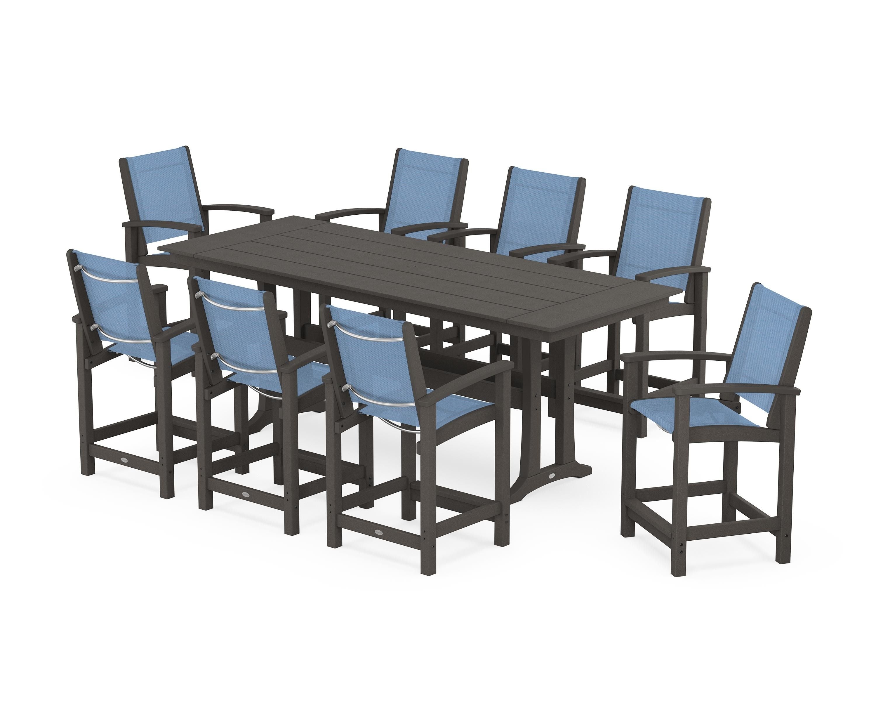 POLYWOOD Coastal 9-Piece Farmhouse Counter Set with Trestle Legs in Vintage Coffee / Poolside Sling