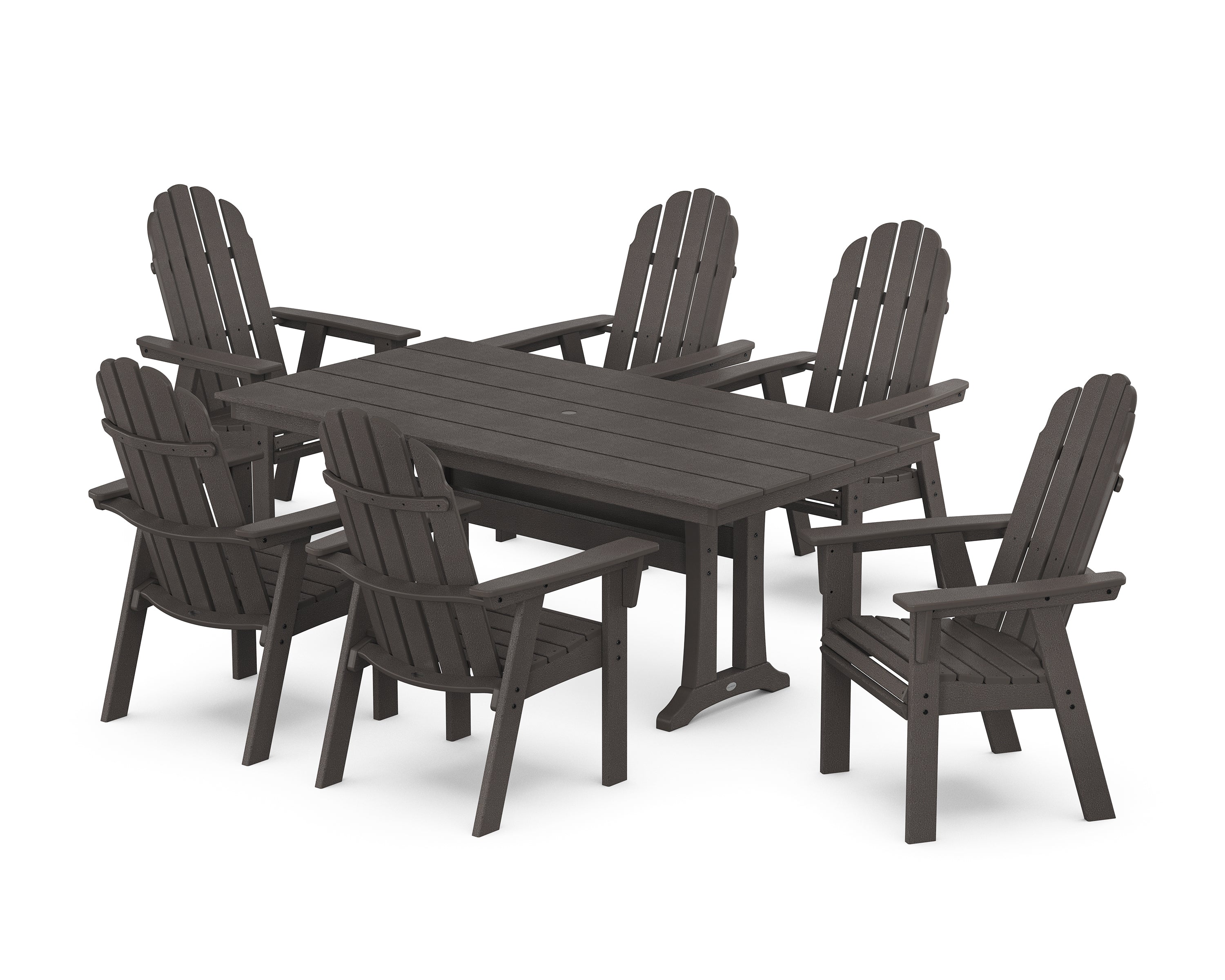 POLYWOOD Vineyard Curveback Adirondack Chair 7-Piece Farmhouse Dining Set with Trestle Legs in Vintage Coffee