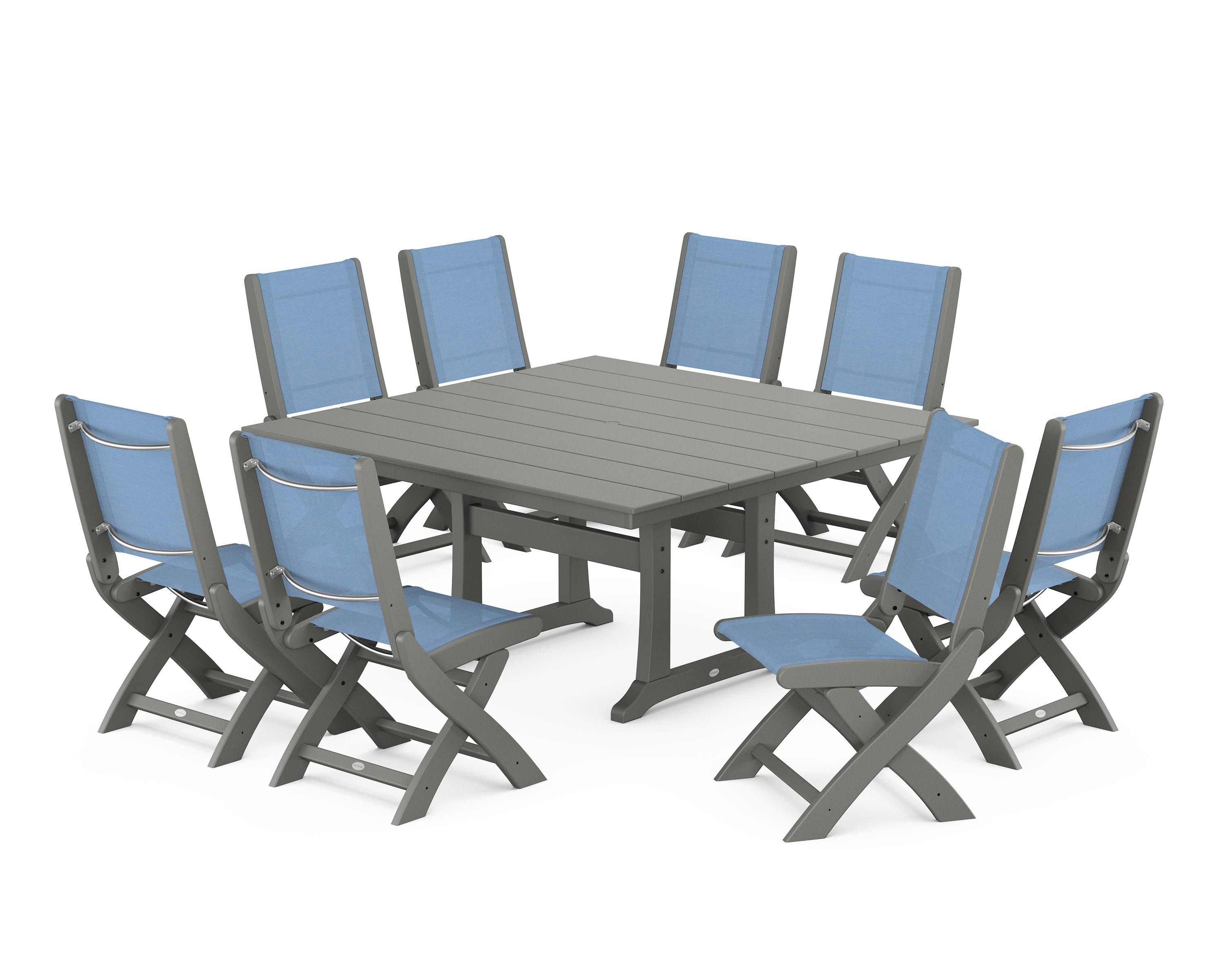 POLYWOOD Coastal Folding Side Chair 9-Piece Farmhouse Dining Set in Slate Grey / Poolside Sling
