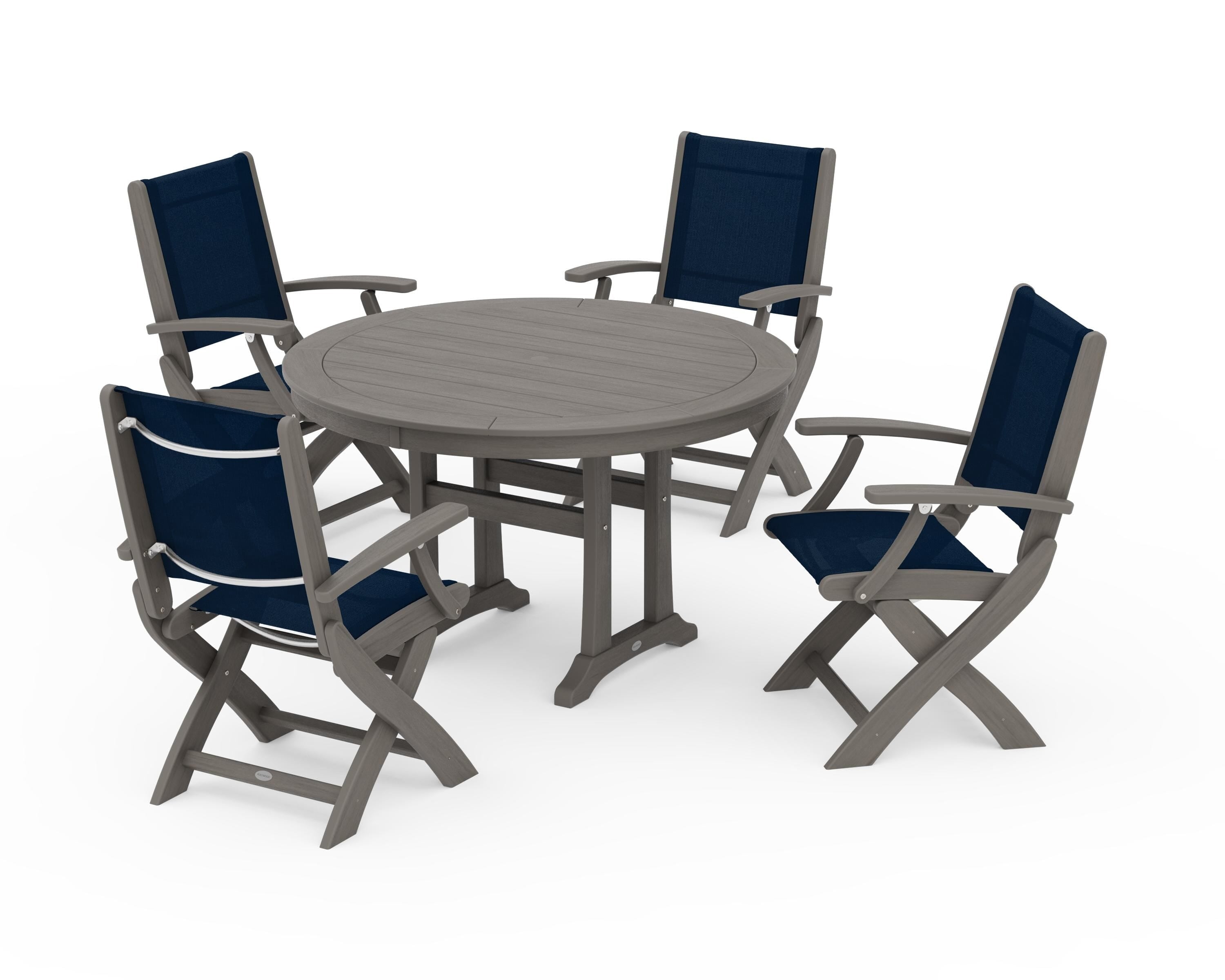 POLYWOOD Coastal Folding Chair 5-Piece Round Dining Set with Trestle Legs in Driftwood / Navy Blue Sling
