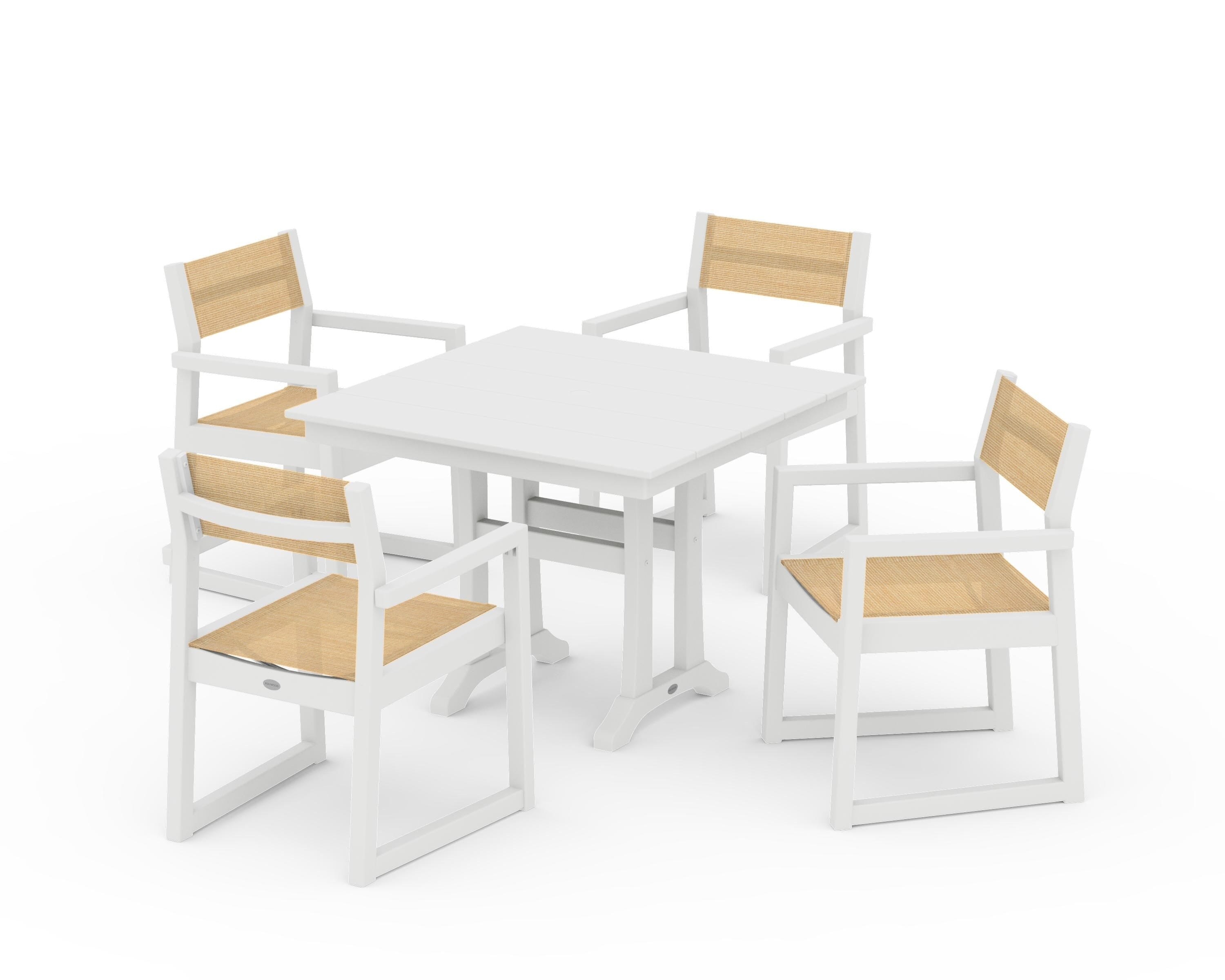 POLYWOOD EDGE Sling 5-Piece Farmhouse Dining Set with Trestle Legs in White / Dupioni Apricot Sling