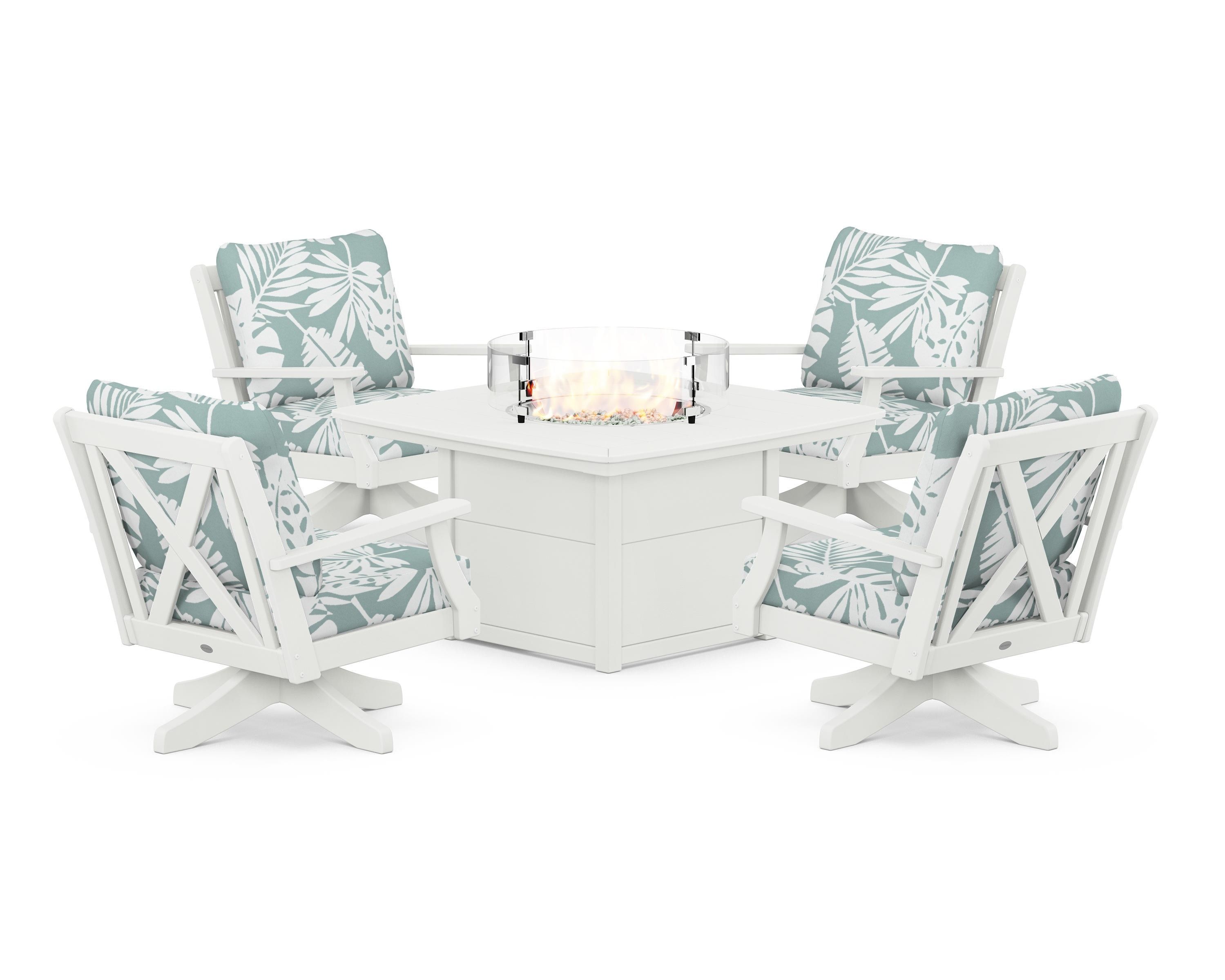 POLYWOOD Braxton 5-Piece Deep Seating Swivel Conversation Set with Fire Pit Table in Vintage White / Leaf Glacier Spa