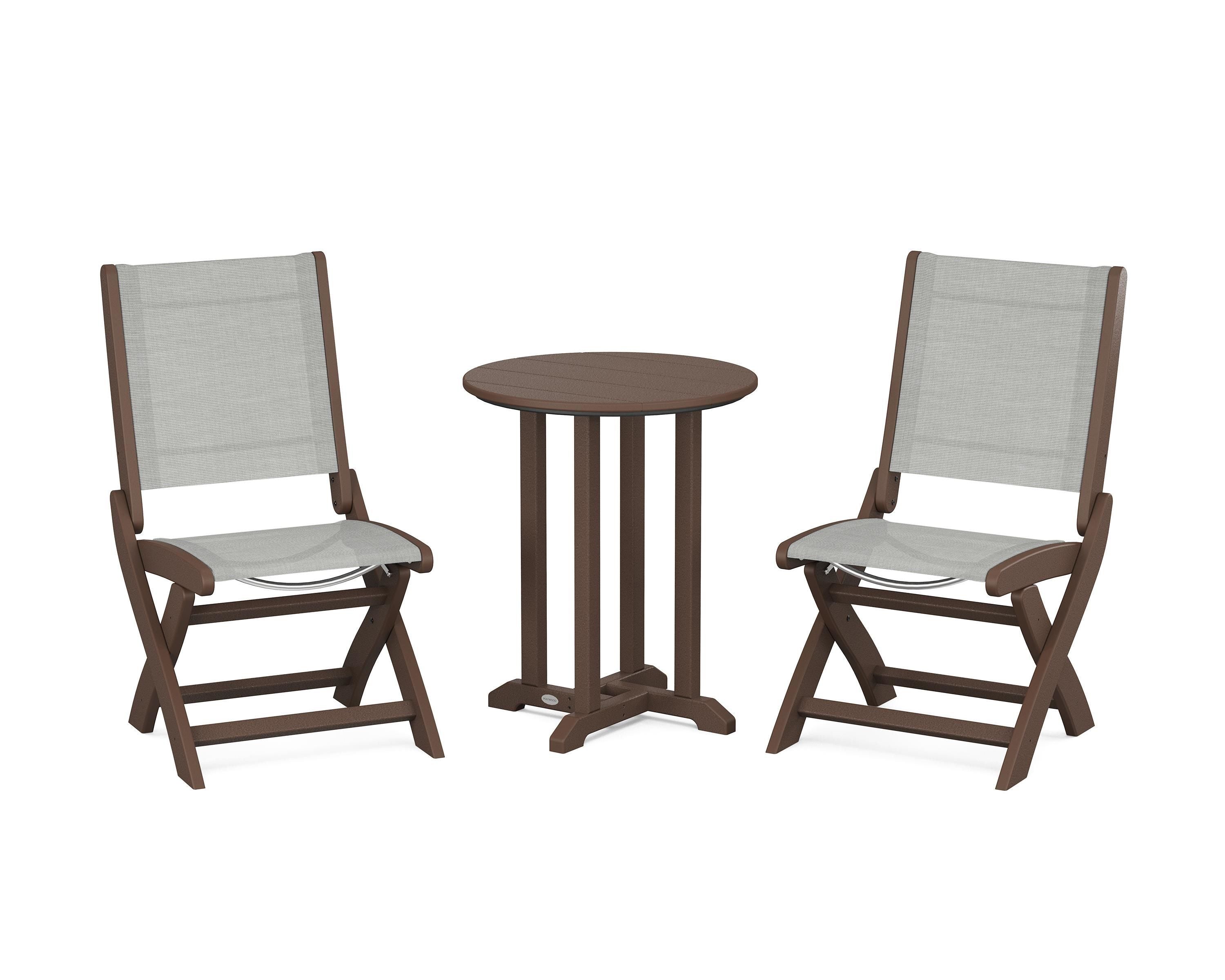 POLYWOOD Coastal Folding Side Chair 3-Piece Round Bistro Dining Set in Mahogany / Metallic Sling
