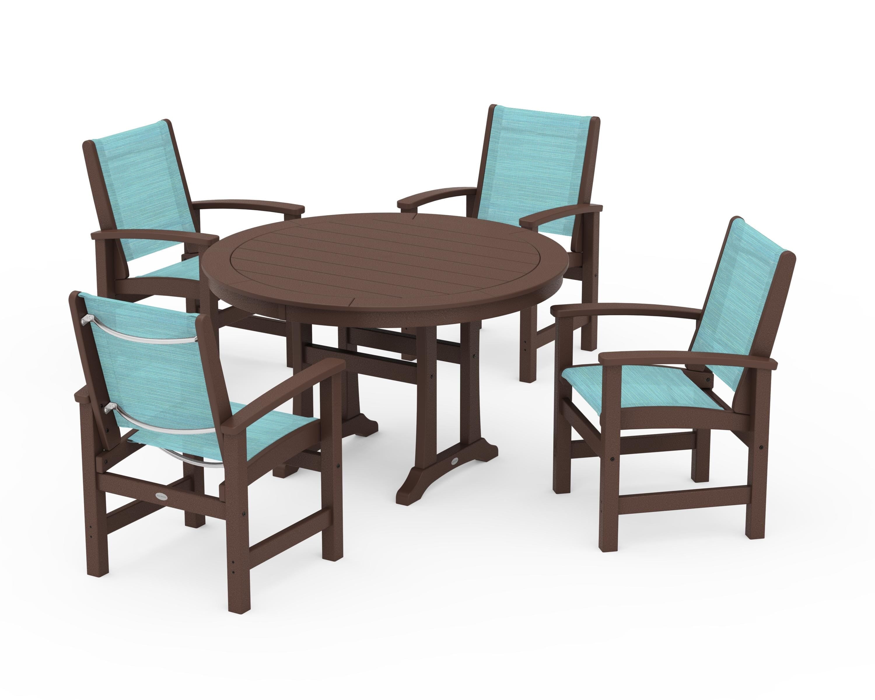 POLYWOOD Coastal 5-Piece Round Dining Set with Trestle Legs in Mahogany / Dupioni Aquamarine Sling