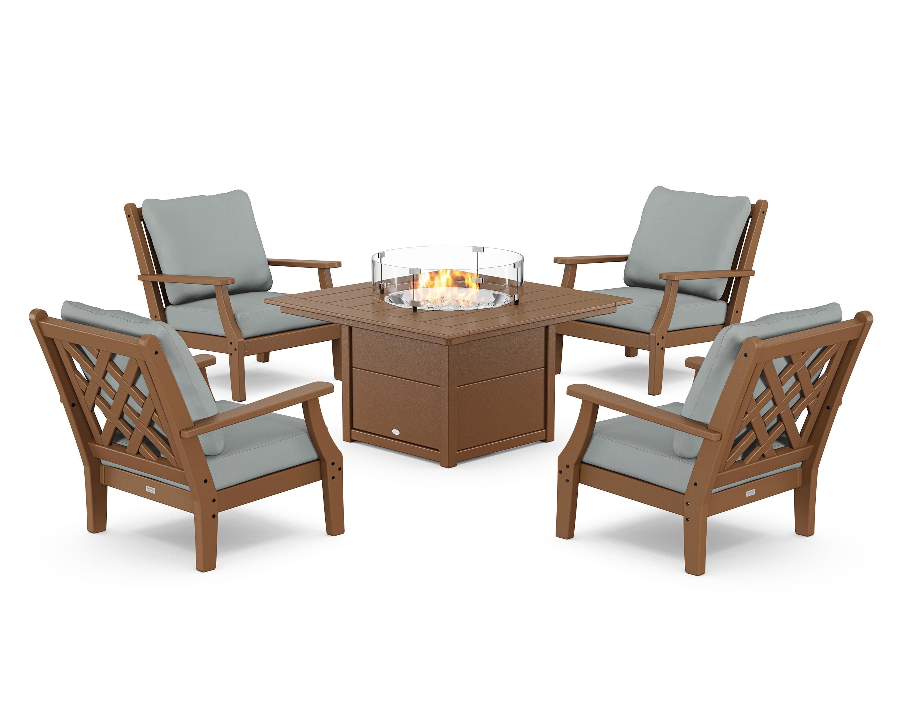 Country Living Wovendale 5-Piece Deep Seating Set with Fire Pit Table in Teak / Spa