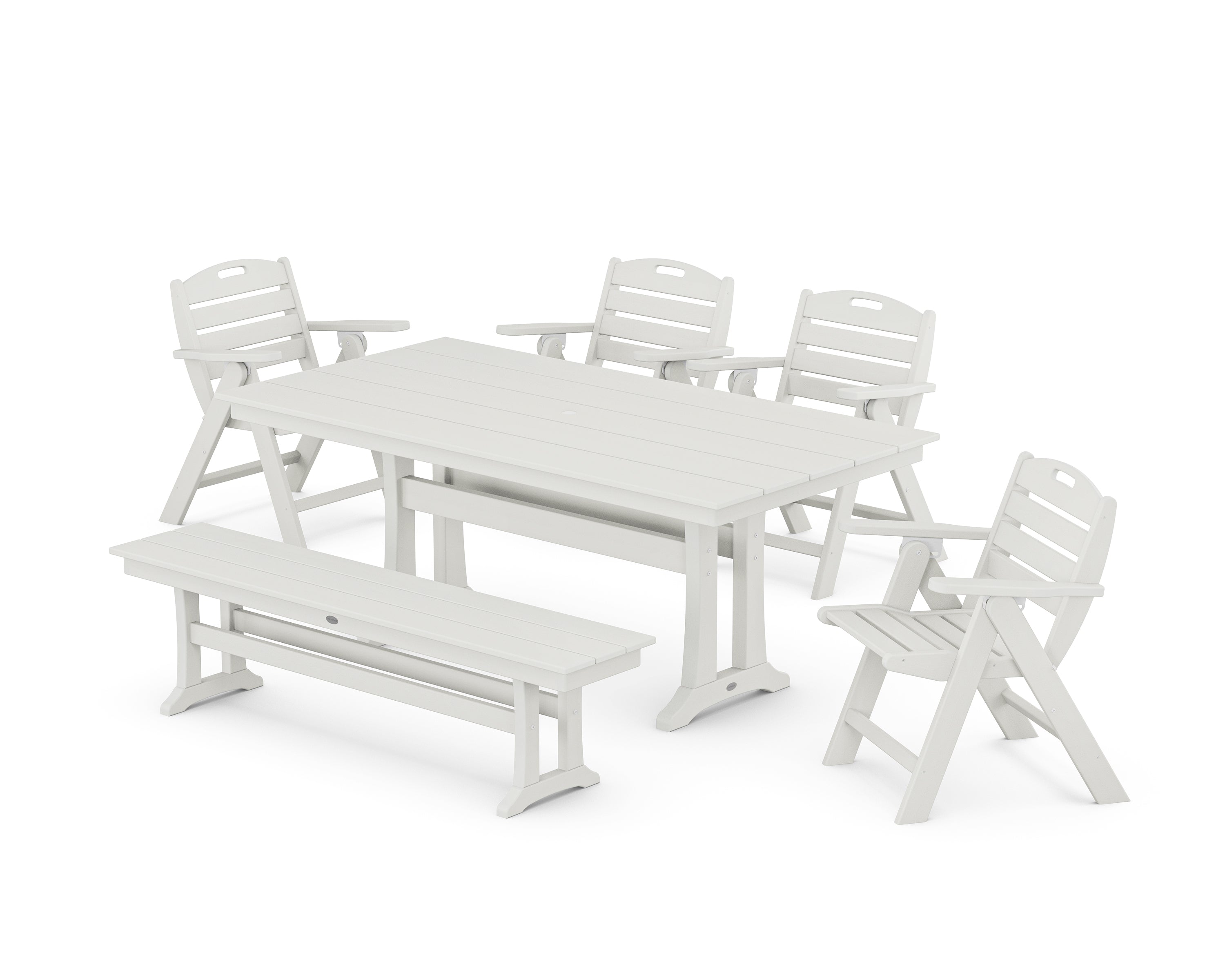 POLYWOOD Nautical Lowback 6-Piece Farmhouse Dining Set with Trestle Legs and Bench in Vintage White