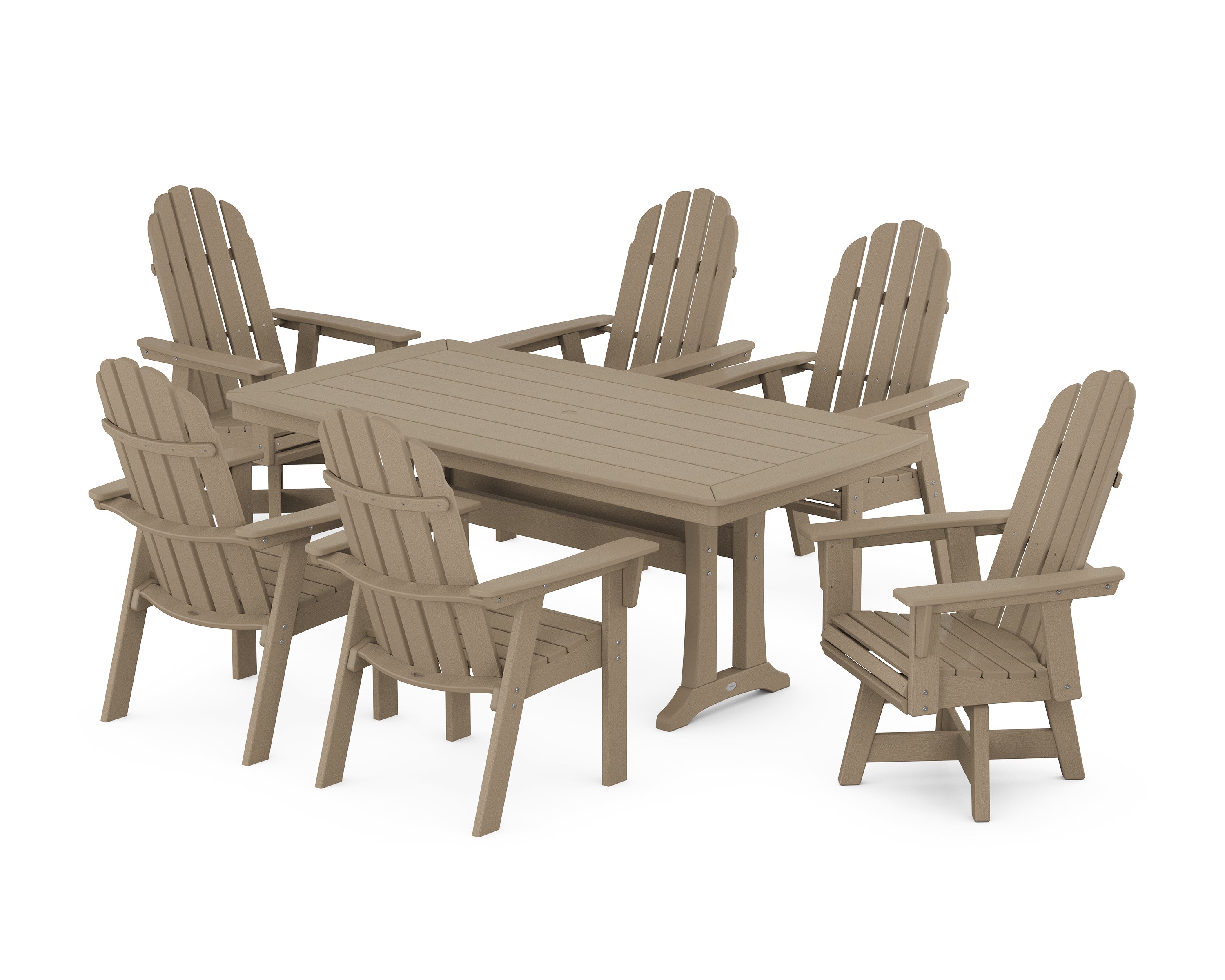 POLYWOOD® Vineyard Curveback Adirondack Swivel Chair 7-Piece Dining Set with Trestle Legs in Vintage Sahara
