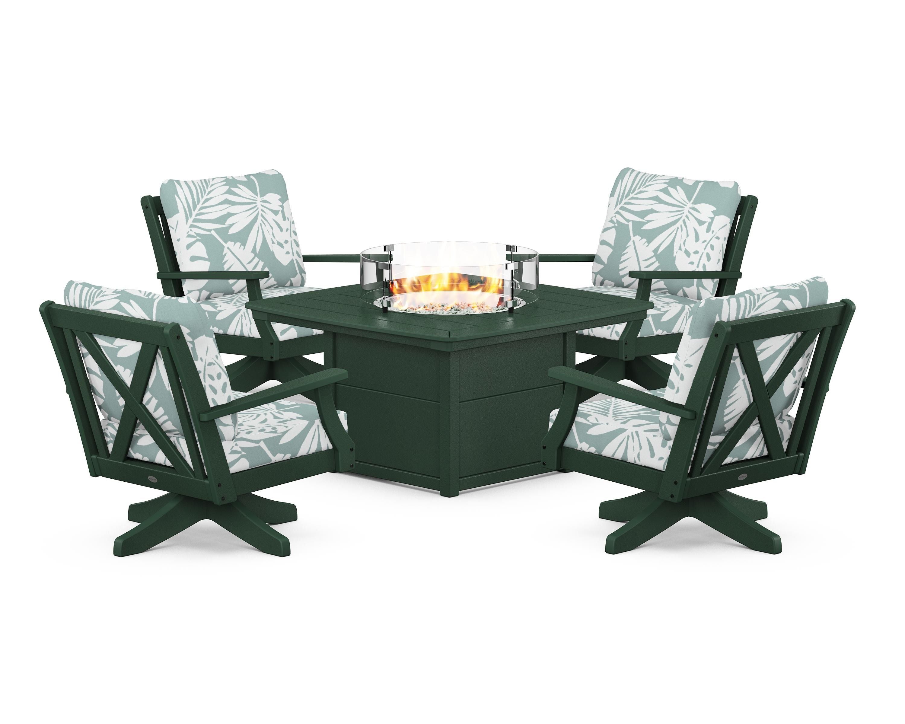 POLYWOOD Braxton 5-Piece Deep Seating Swivel Conversation Set with Fire Pit Table in Green / Leaf Glacier Spa