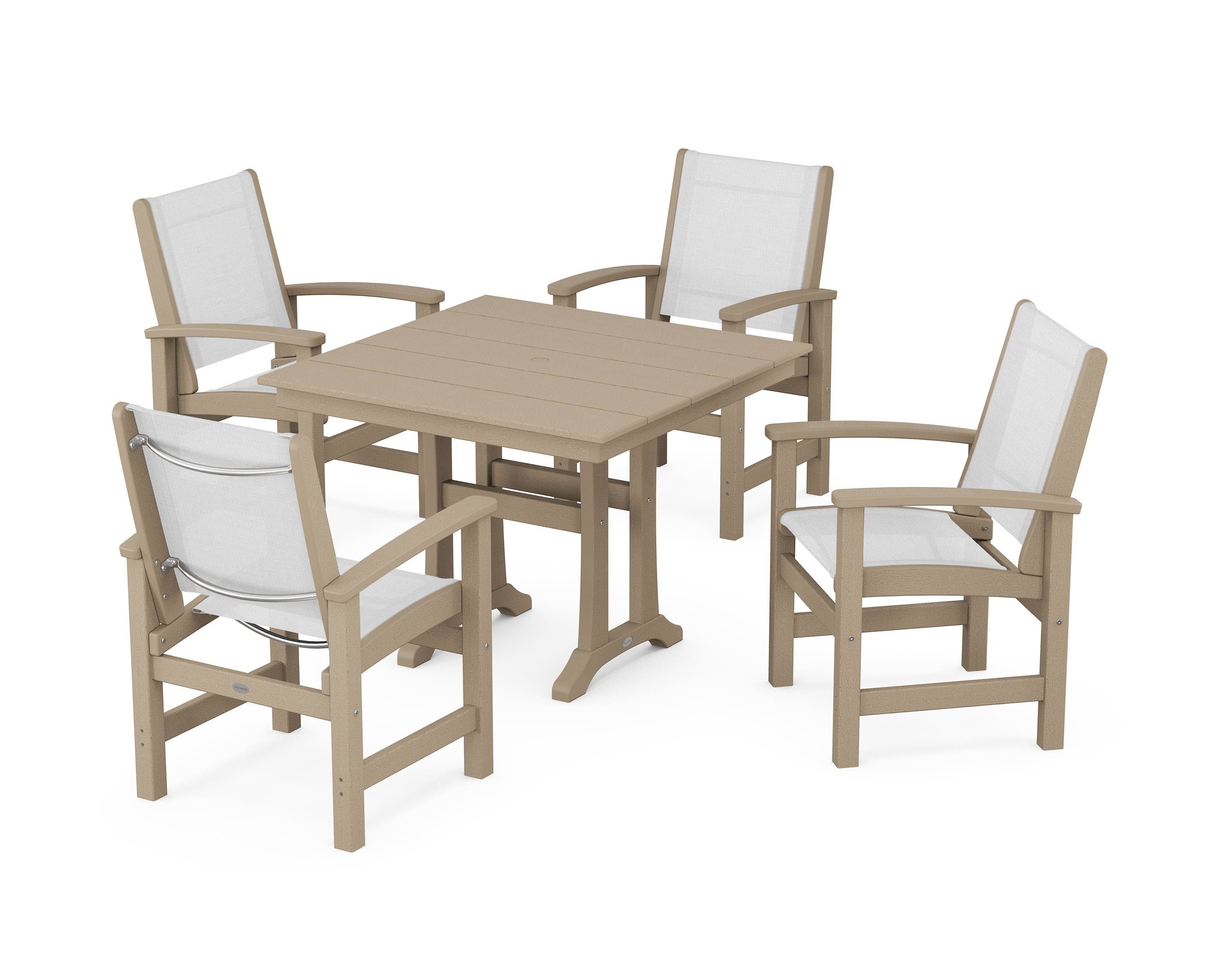 POLYWOOD Coastal 5-Piece Farmhouse Dining Set With Trestle Legs in Vintage Sahara / White Sling