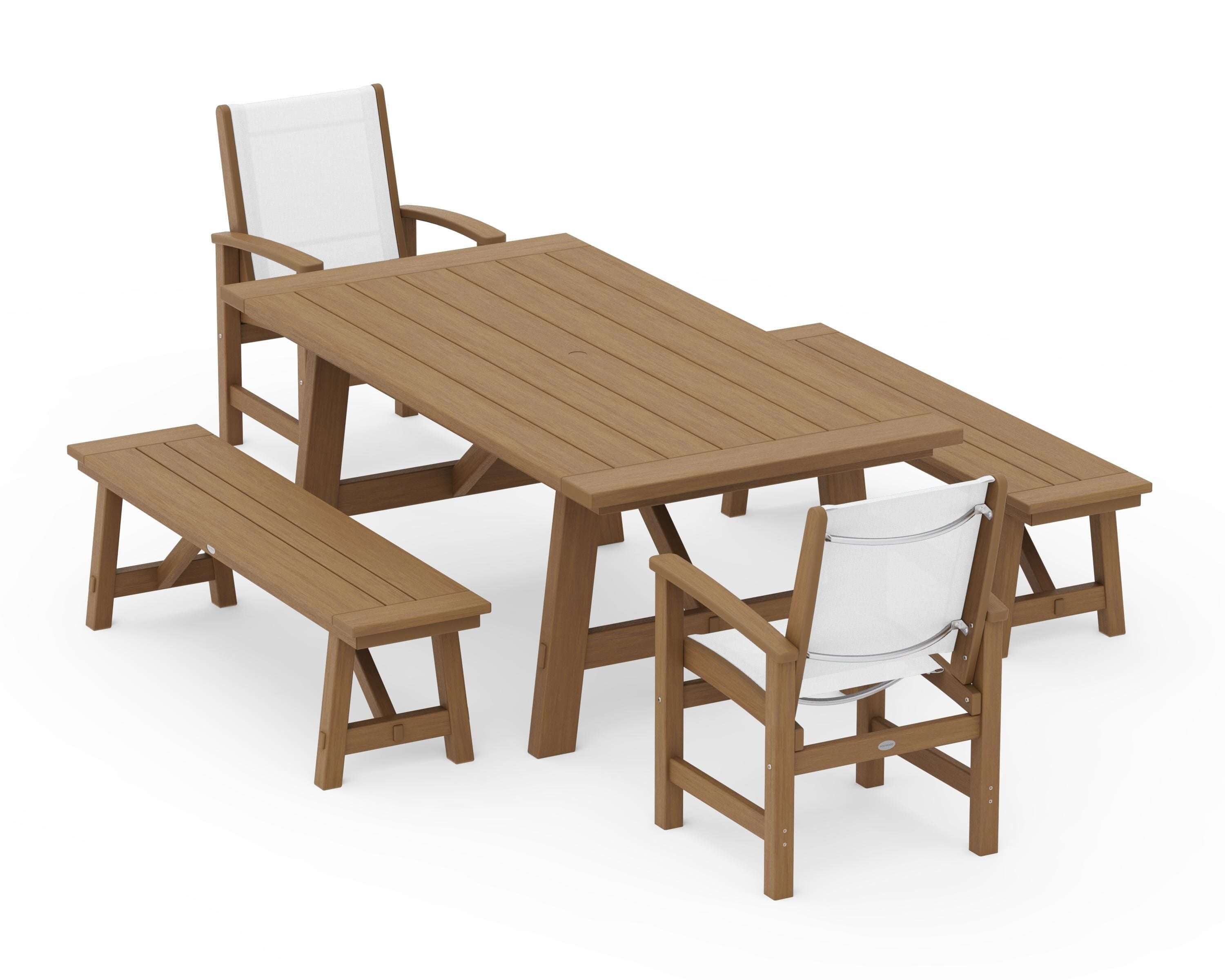 POLYWOOD Coastal 5-Piece Rustic Farmhouse Dining Set With Benches in Natural / White Sling