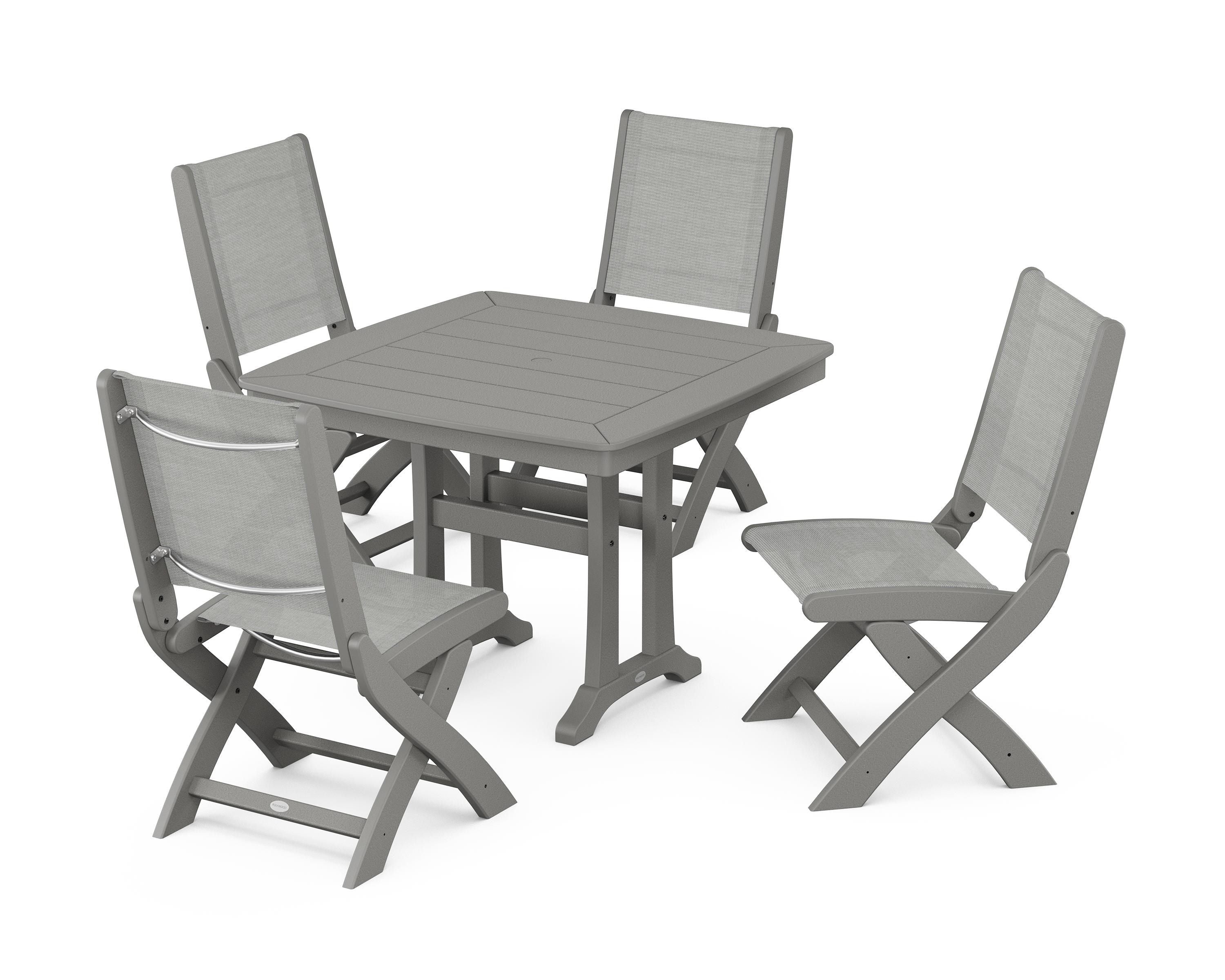POLYWOOD Coastal Folding Side Chair 5-Piece Dining Set with Trestle Legs in Slate Grey / Metallic Sling