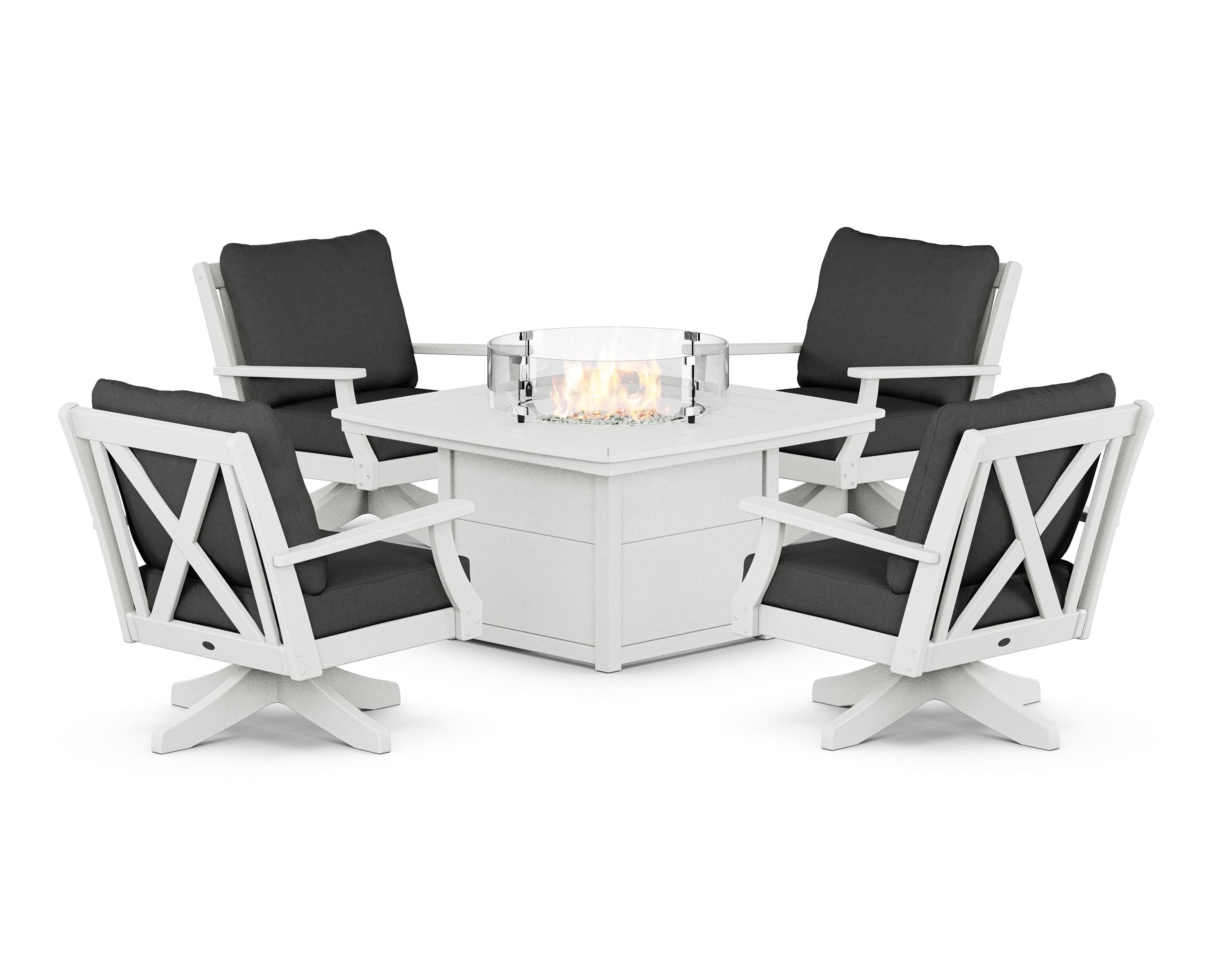 POLYWOOD Braxton 5-Piece Deep Seating Swivel Conversation Set with Fire Pit Table in Vintage White / Spectrum Carbon