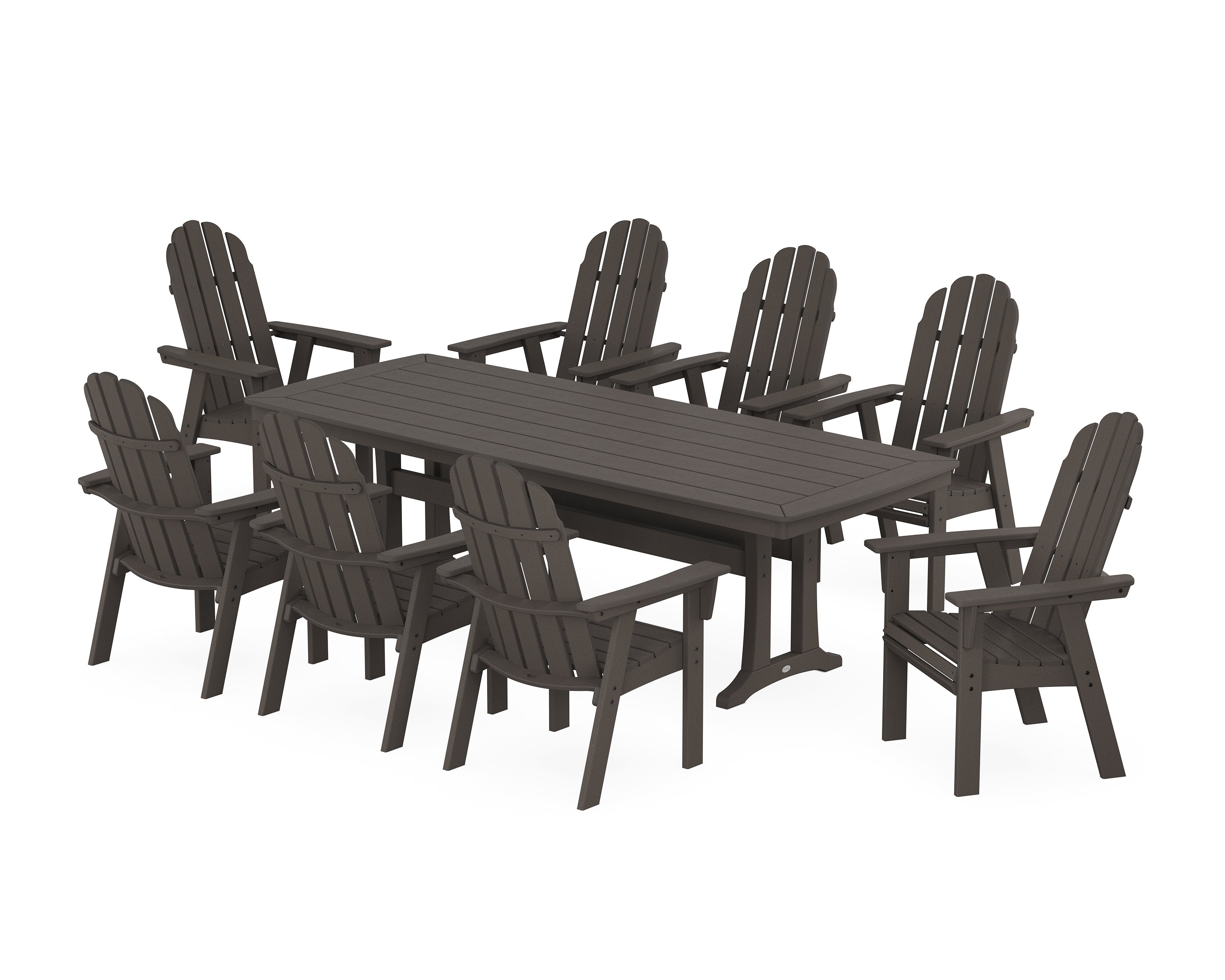 POLYWOOD® Vineyard Curveback Adirondack 9-Piece Dining Set with Trestle Legs in Vintage Coffee