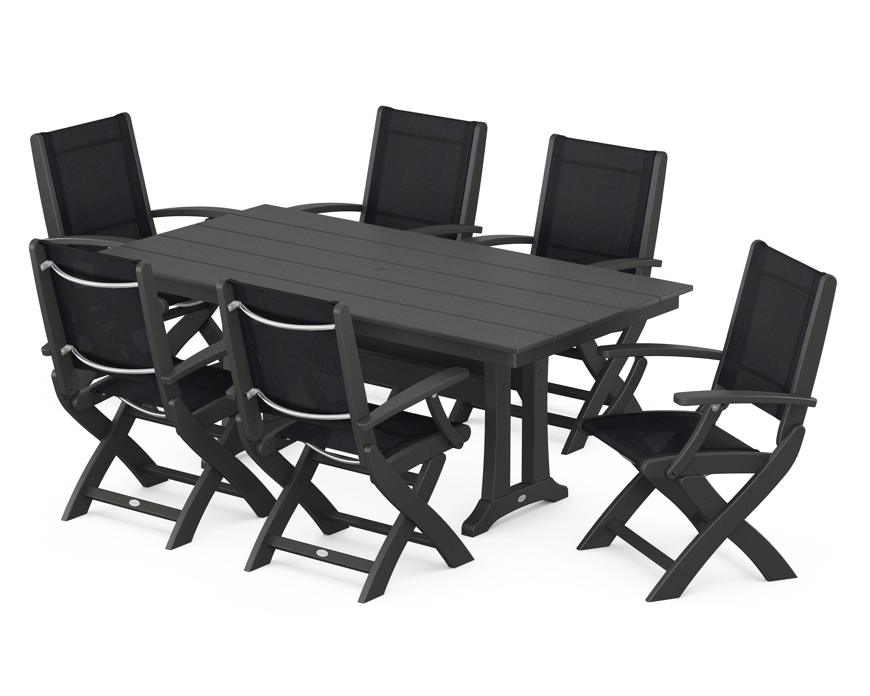 POLYWOOD Coastal Folding Arm Chair 7-Piece Farmhouse Dining Set with Trestle Legs in Black / Black Sling