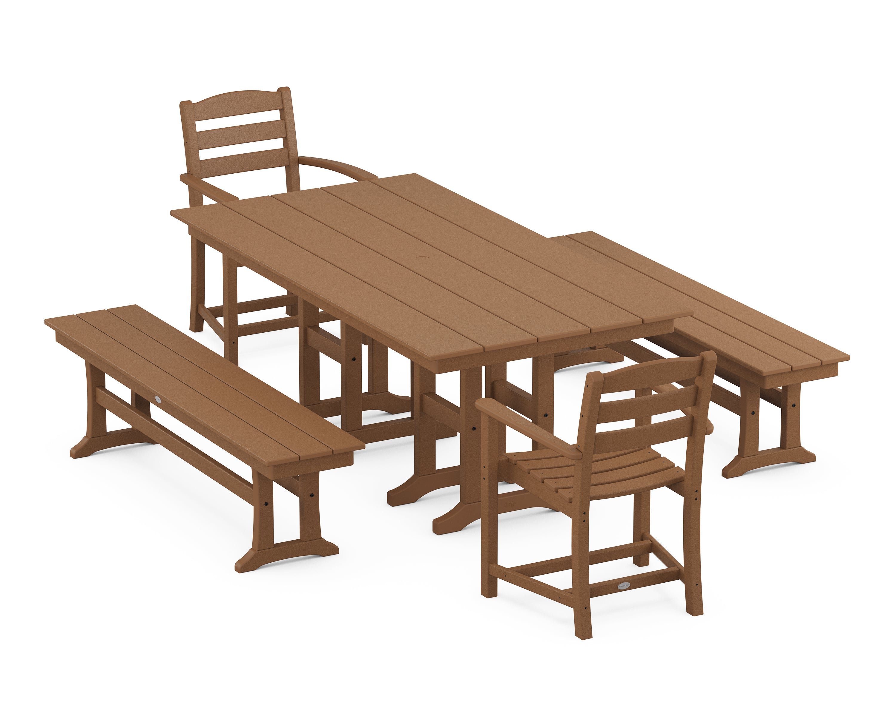 POLYWOOD La Casa Café 5-Piece Farmhouse Dining Set with Benches in Teak