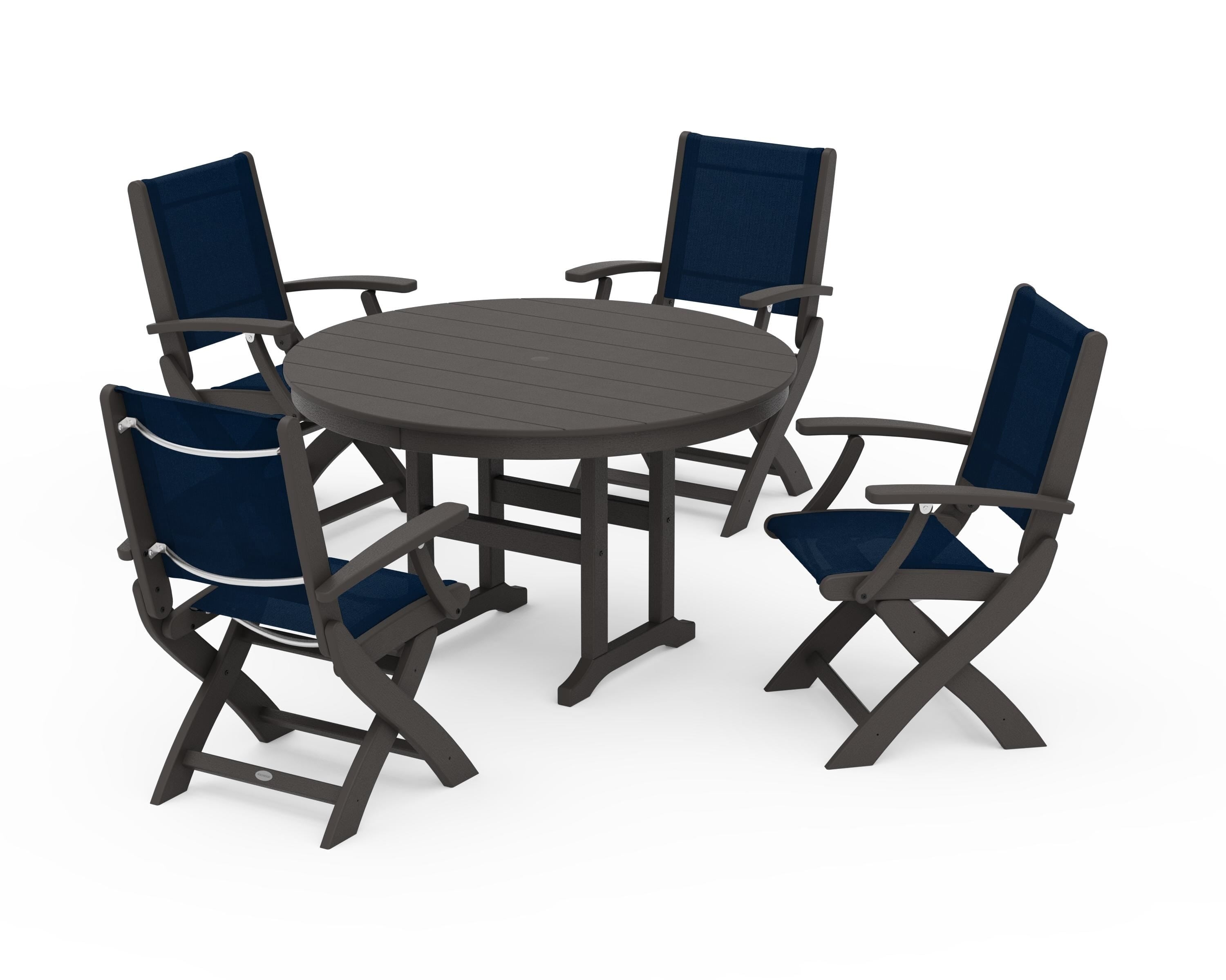 POLYWOOD Coastal Folding Chair 5-Piece Round Dining Set in Vintage Coffee / Navy Blue Sling